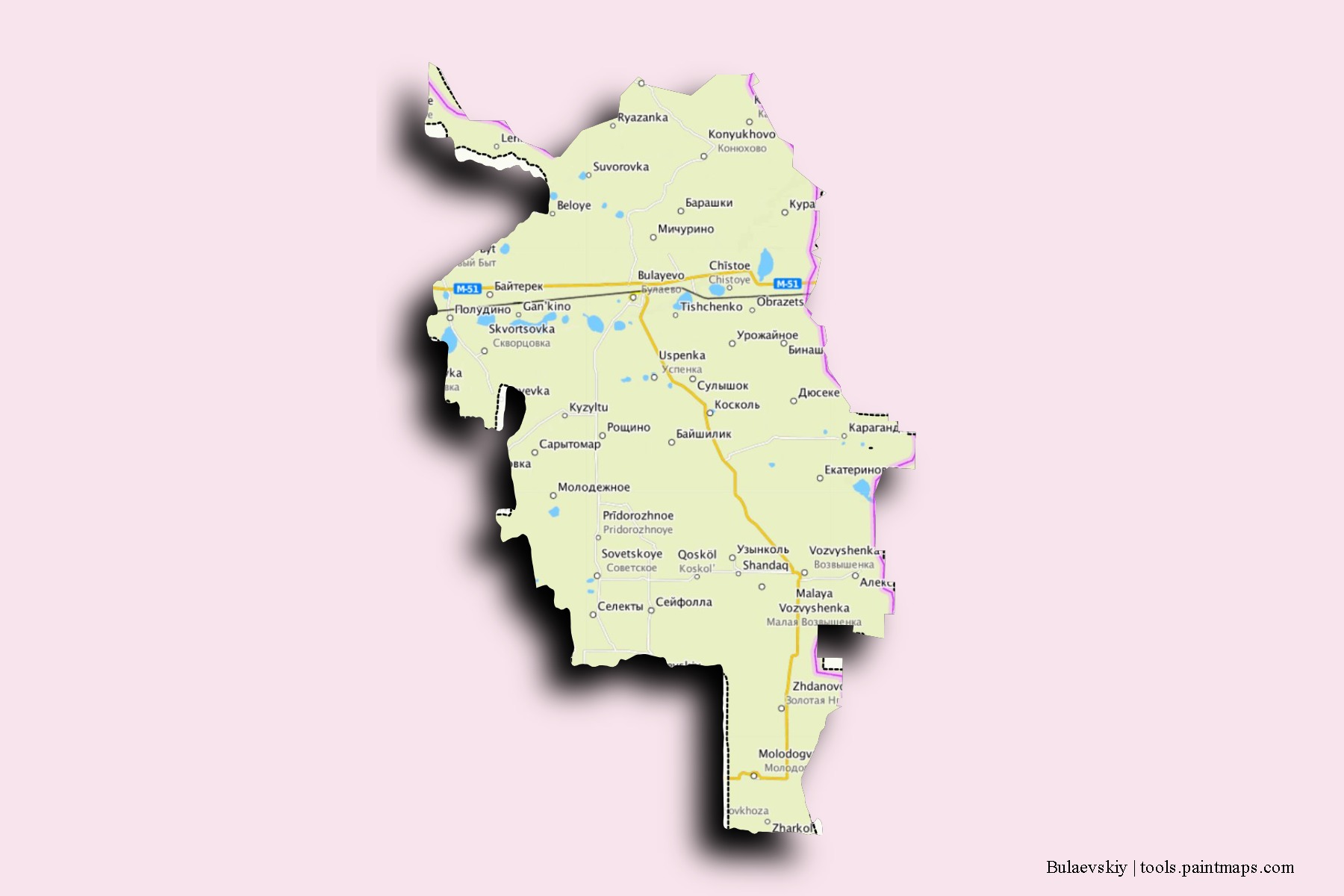 Mapa de barrios y pueblos de Bulaevskiy con efecto de sombra 3D