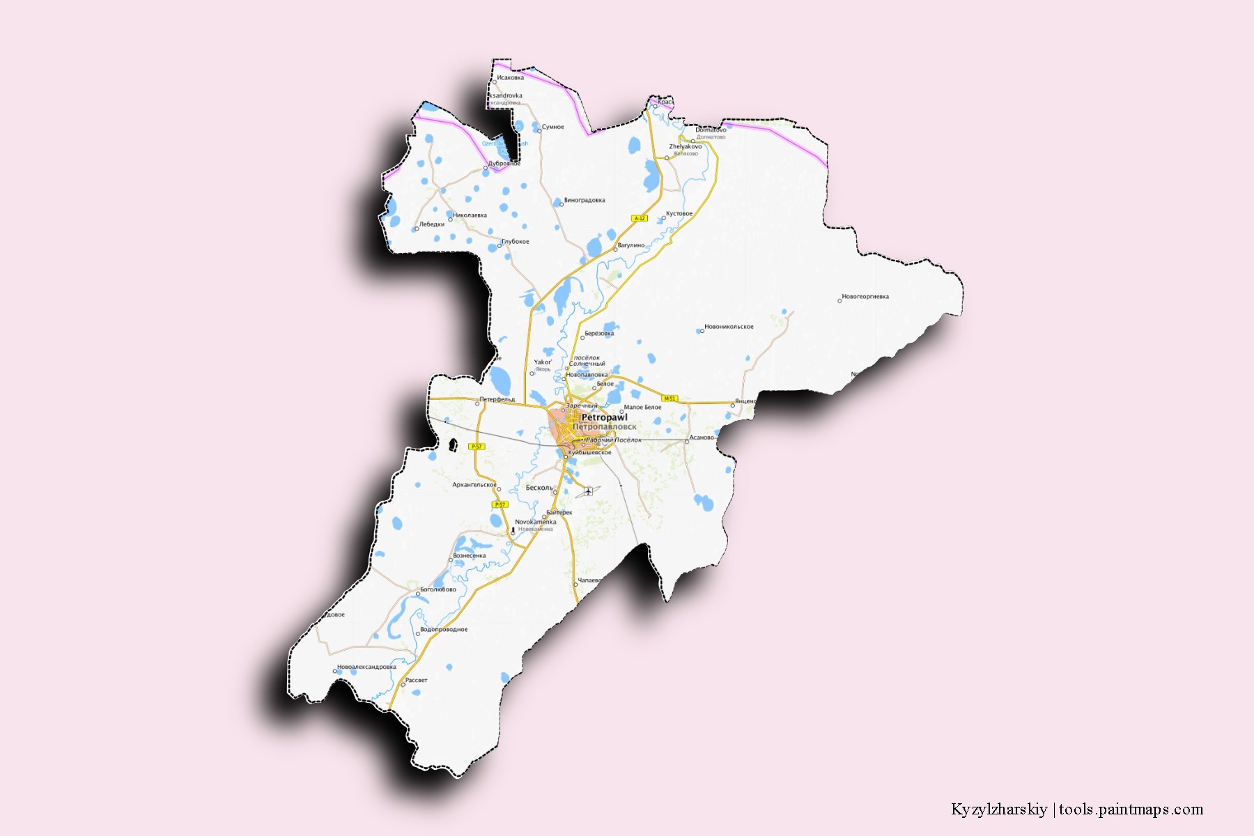 Mapa de barrios y pueblos de Kyzylzharskiy con efecto de sombra 3D