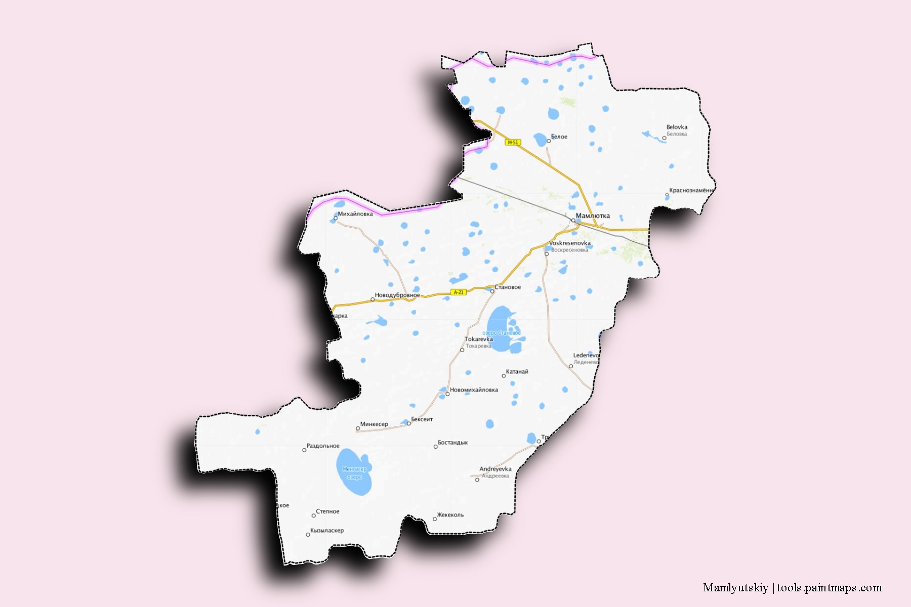 Mapa de barrios y pueblos de Mamlyutskiy con efecto de sombra 3D