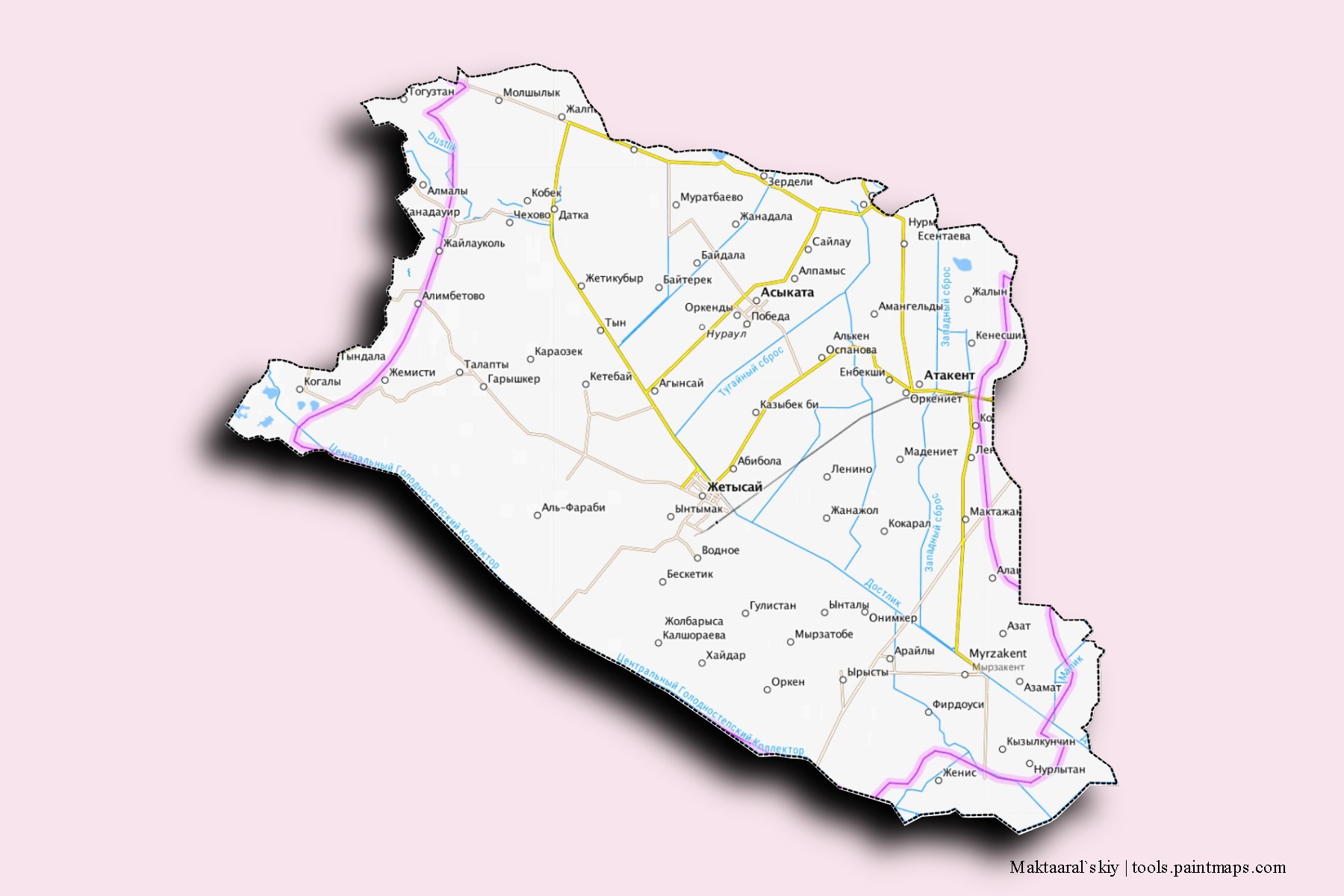 Mapa de barrios y pueblos de Maktaaral`skiy con efecto de sombra 3D