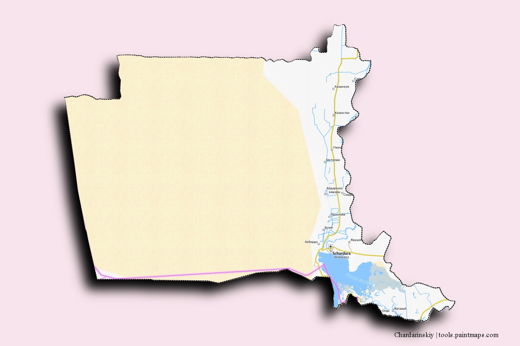 Mapa de barrios y pueblos de Chardarinskiy con efecto de sombra 3D