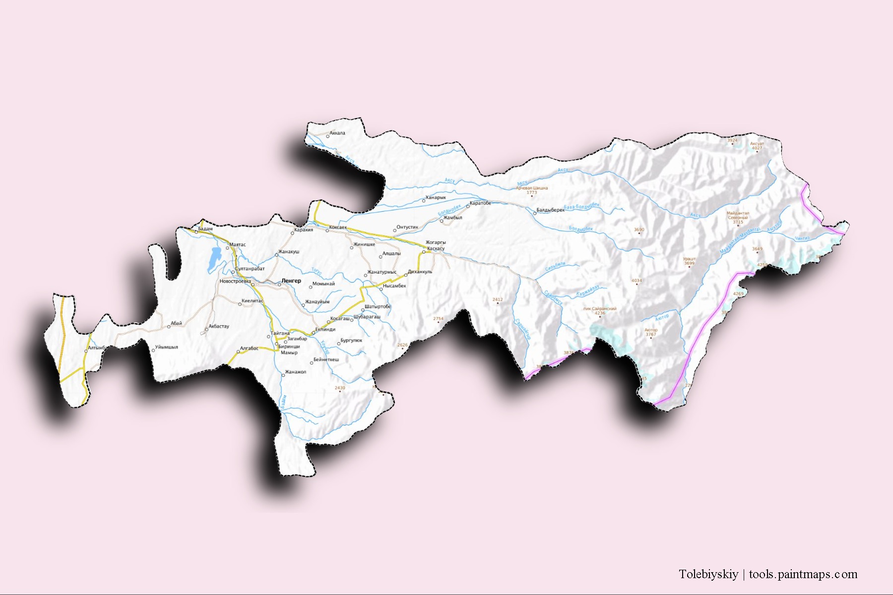 Mapa de barrios y pueblos de Tolebiyskiy con efecto de sombra 3D