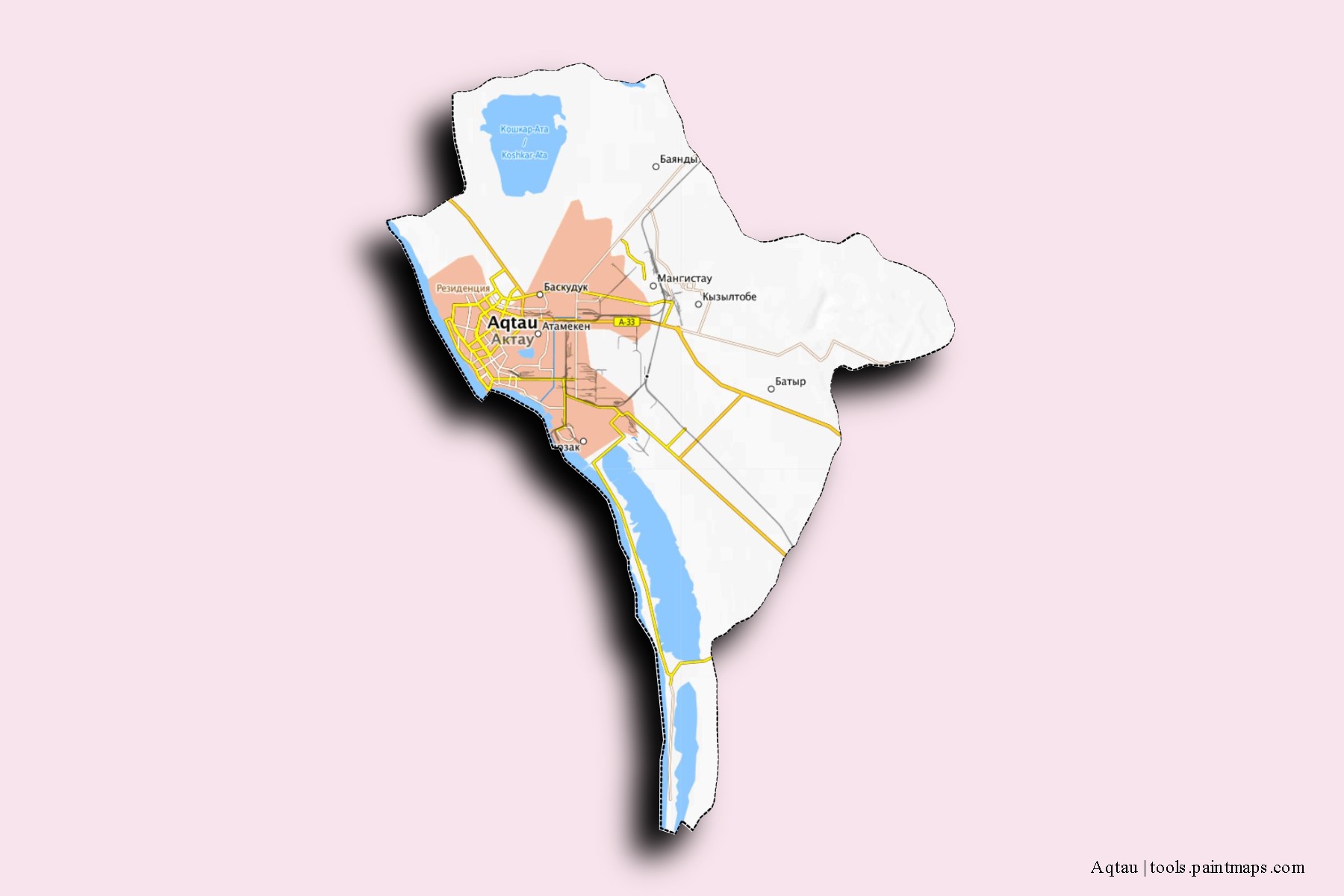 Mapa de barrios y pueblos de Aqtau con efecto de sombra 3D