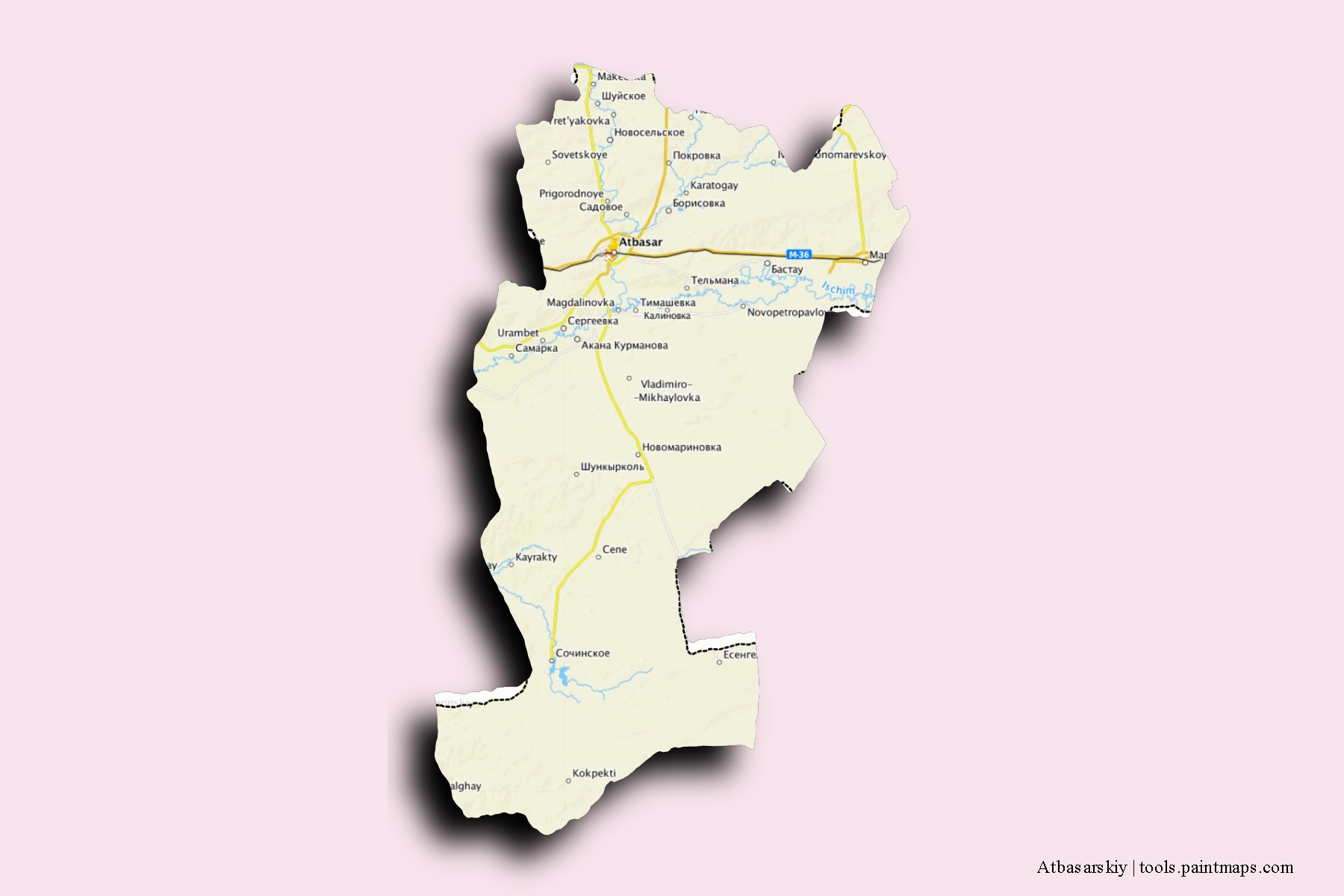 Mapa de barrios y pueblos de Atbasarskiy con efecto de sombra 3D