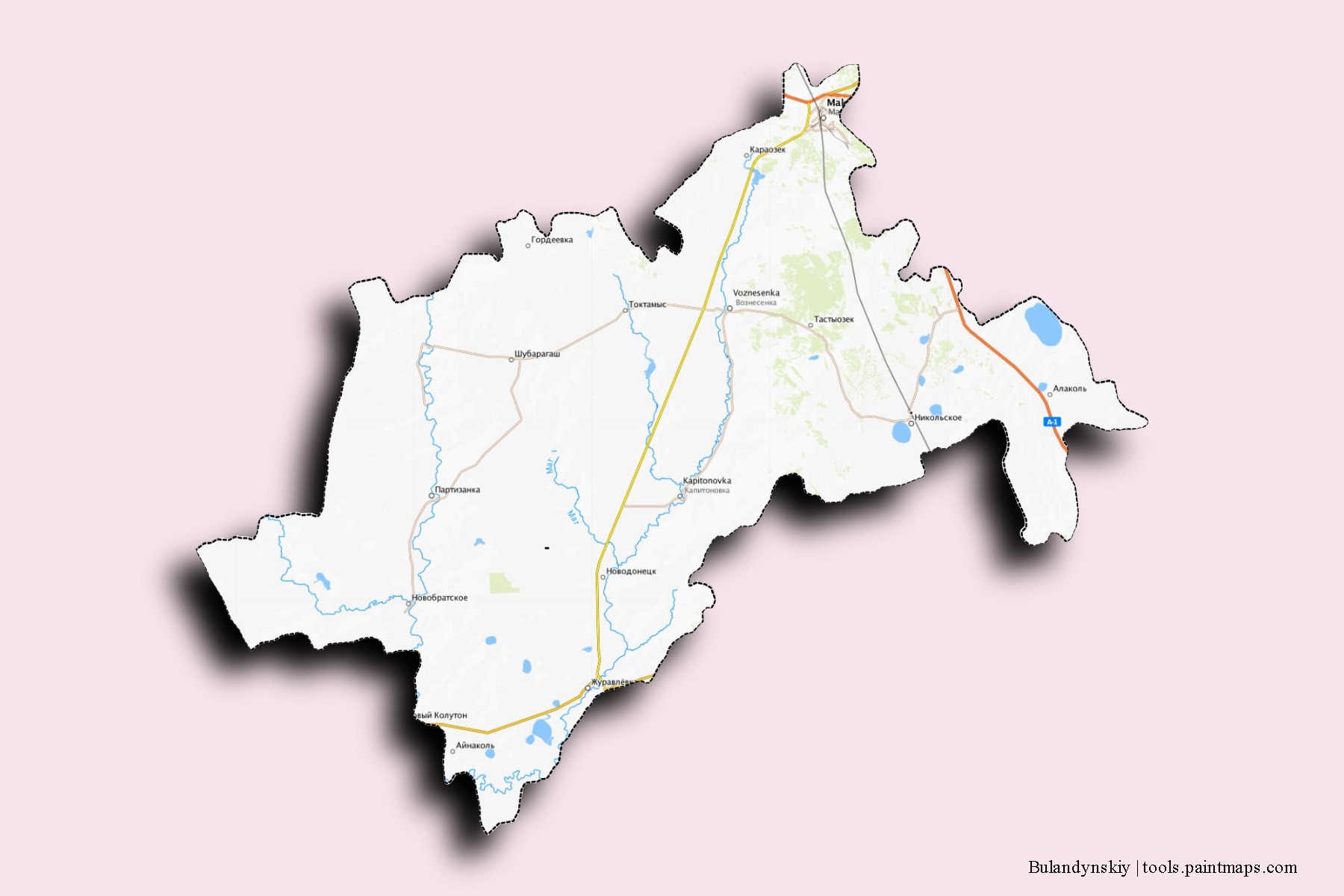 Mapa de barrios y pueblos de Bulandynskiy con efecto de sombra 3D