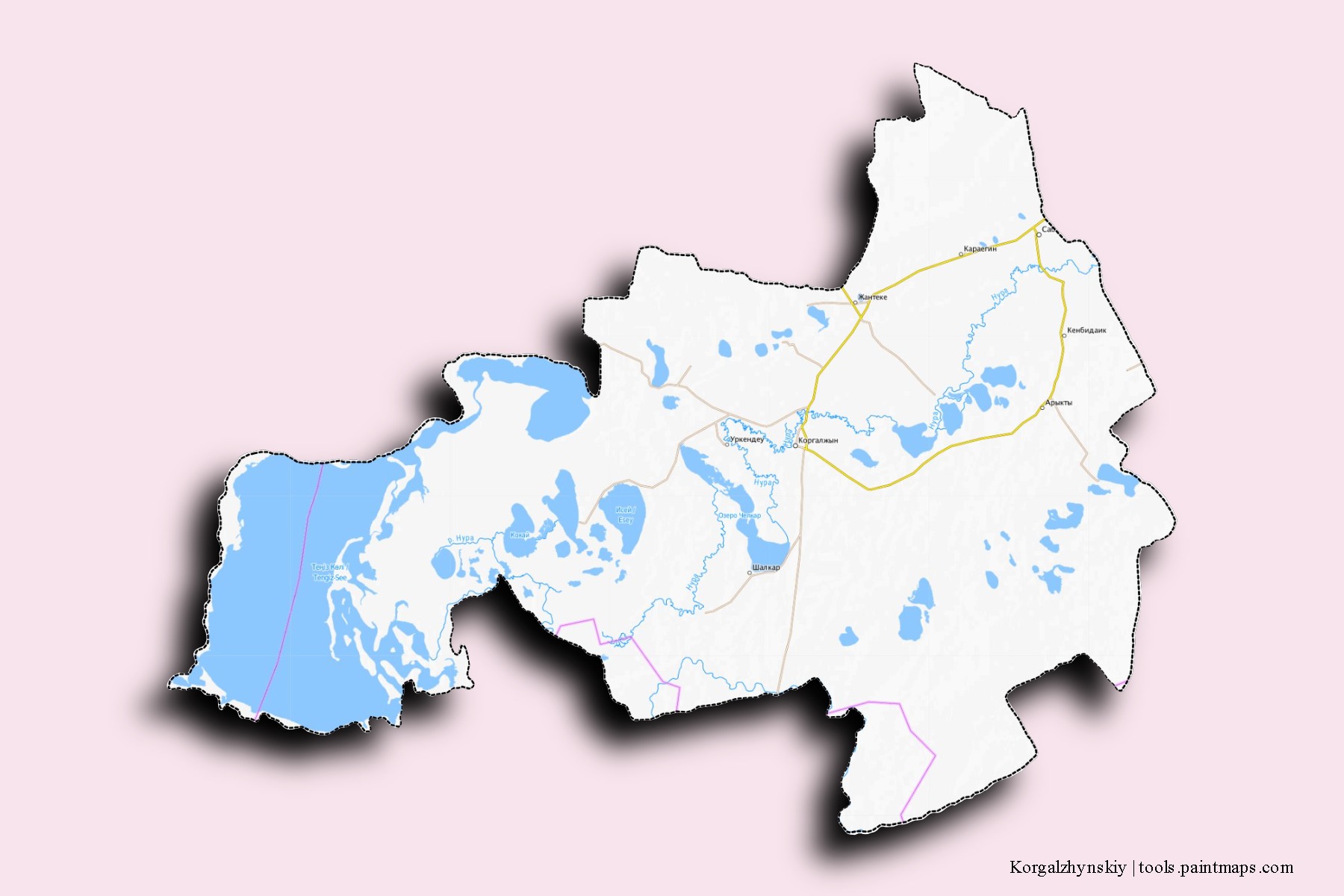 Mapa de barrios y pueblos de Korgalzhynskiy con efecto de sombra 3D