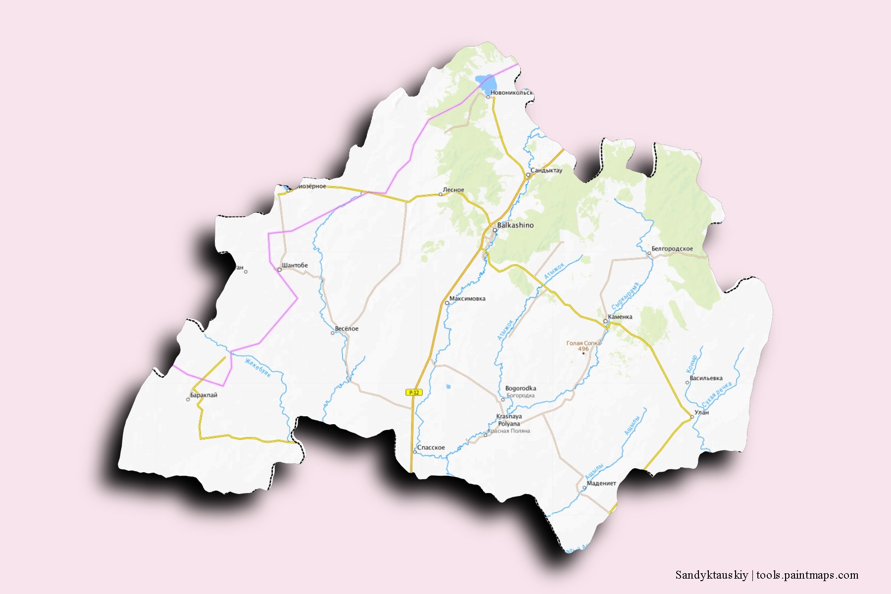 Mapa de barrios y pueblos de Sandyktauskiy con efecto de sombra 3D