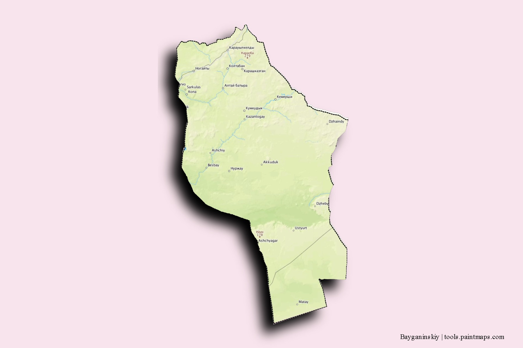 Mapa de barrios y pueblos de Bayganinskiy con efecto de sombra 3D