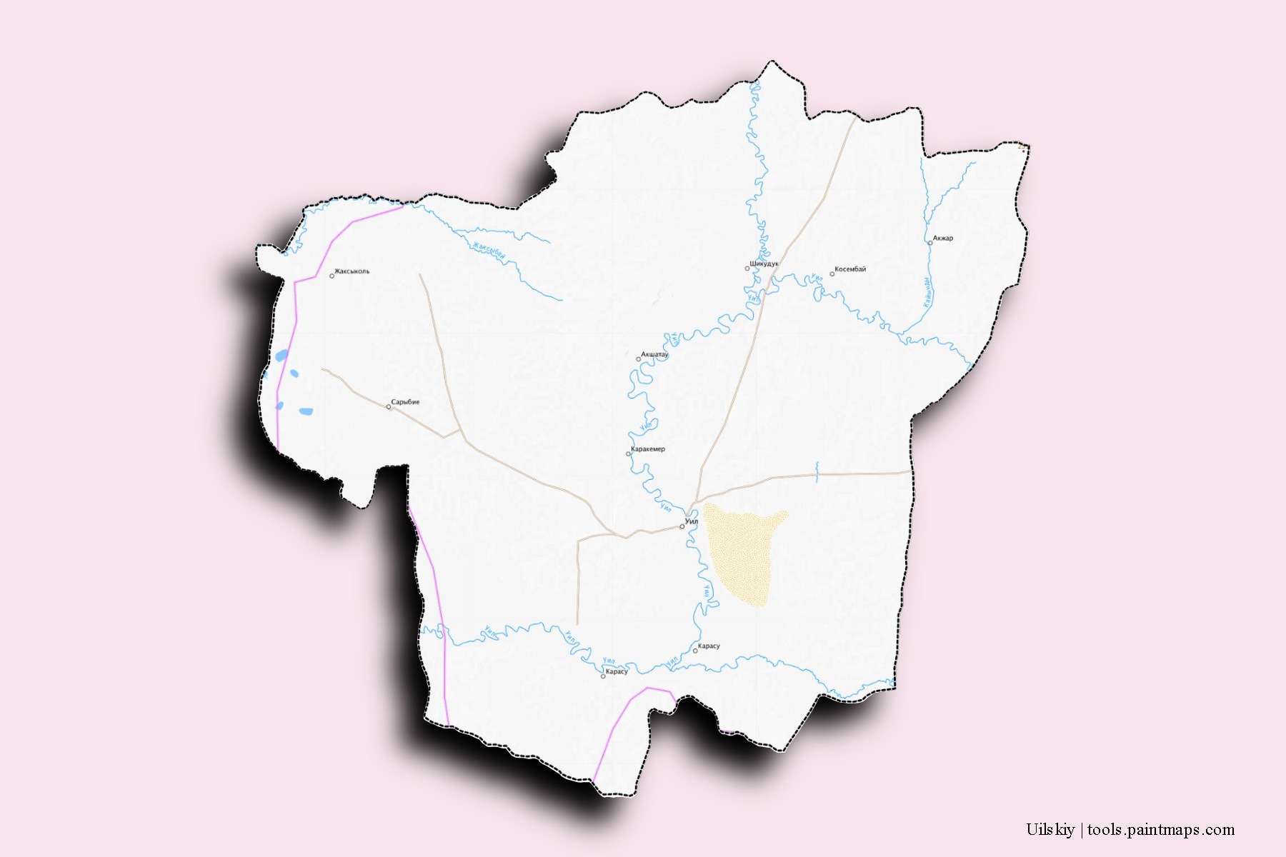 Mapa de barrios y pueblos de Uilskiy con efecto de sombra 3D