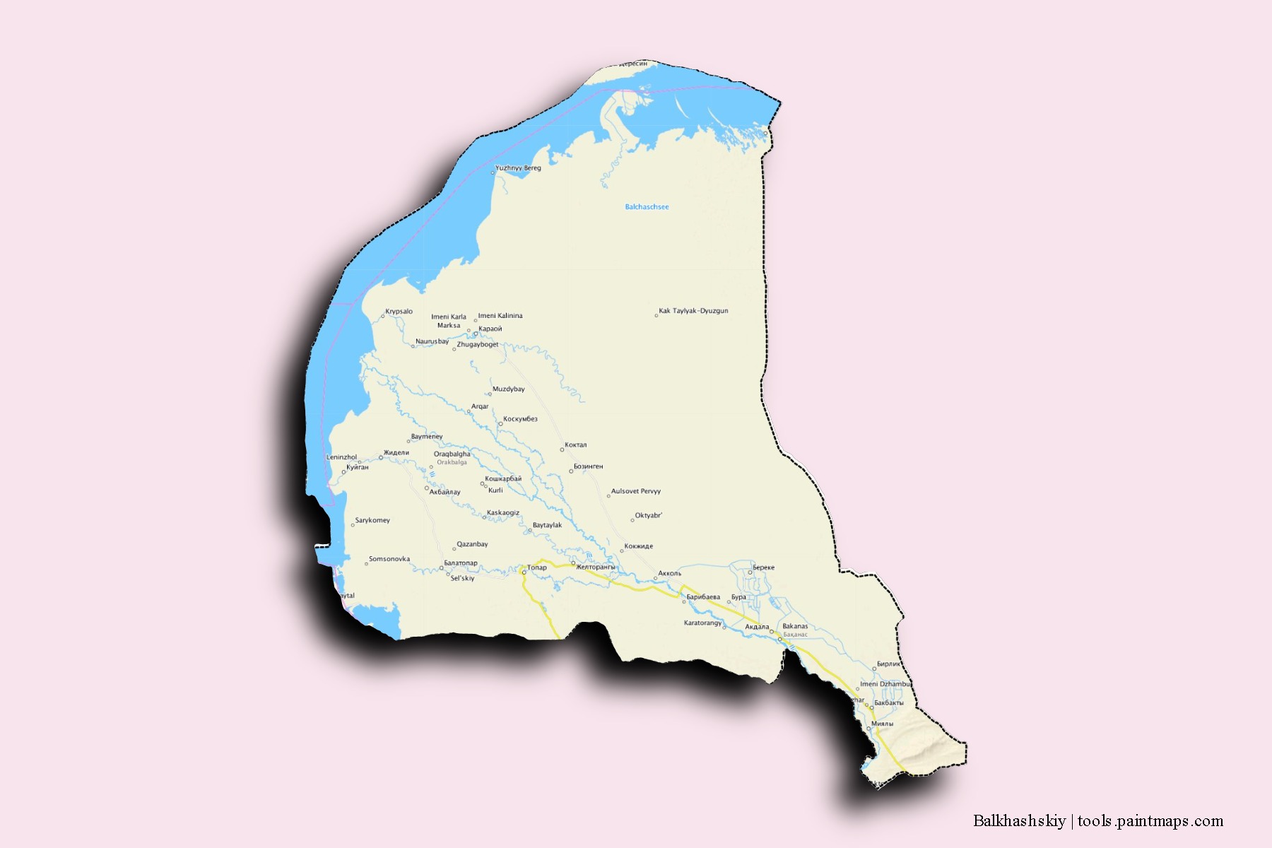 Mapa de barrios y pueblos de Balkhashskiy con efecto de sombra 3D