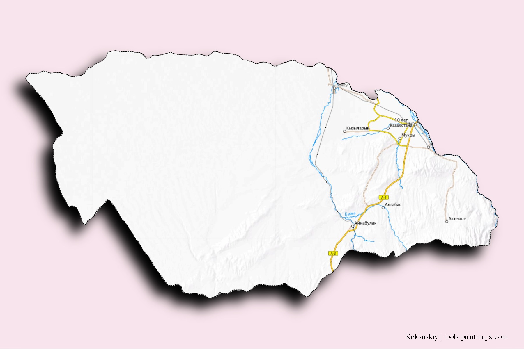 Mapa de barrios y pueblos de Koksuskiy con efecto de sombra 3D