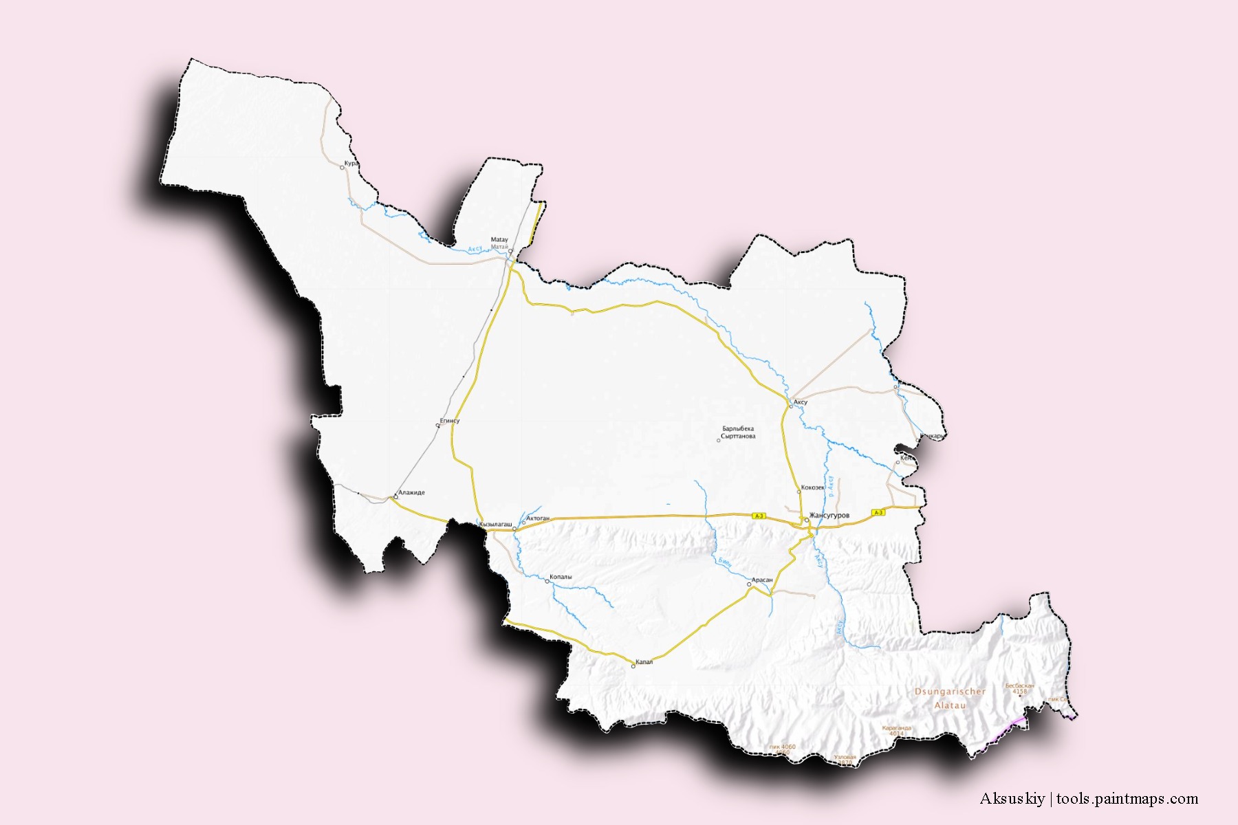 Mapa de barrios y pueblos de Aksuskiy con efecto de sombra 3D