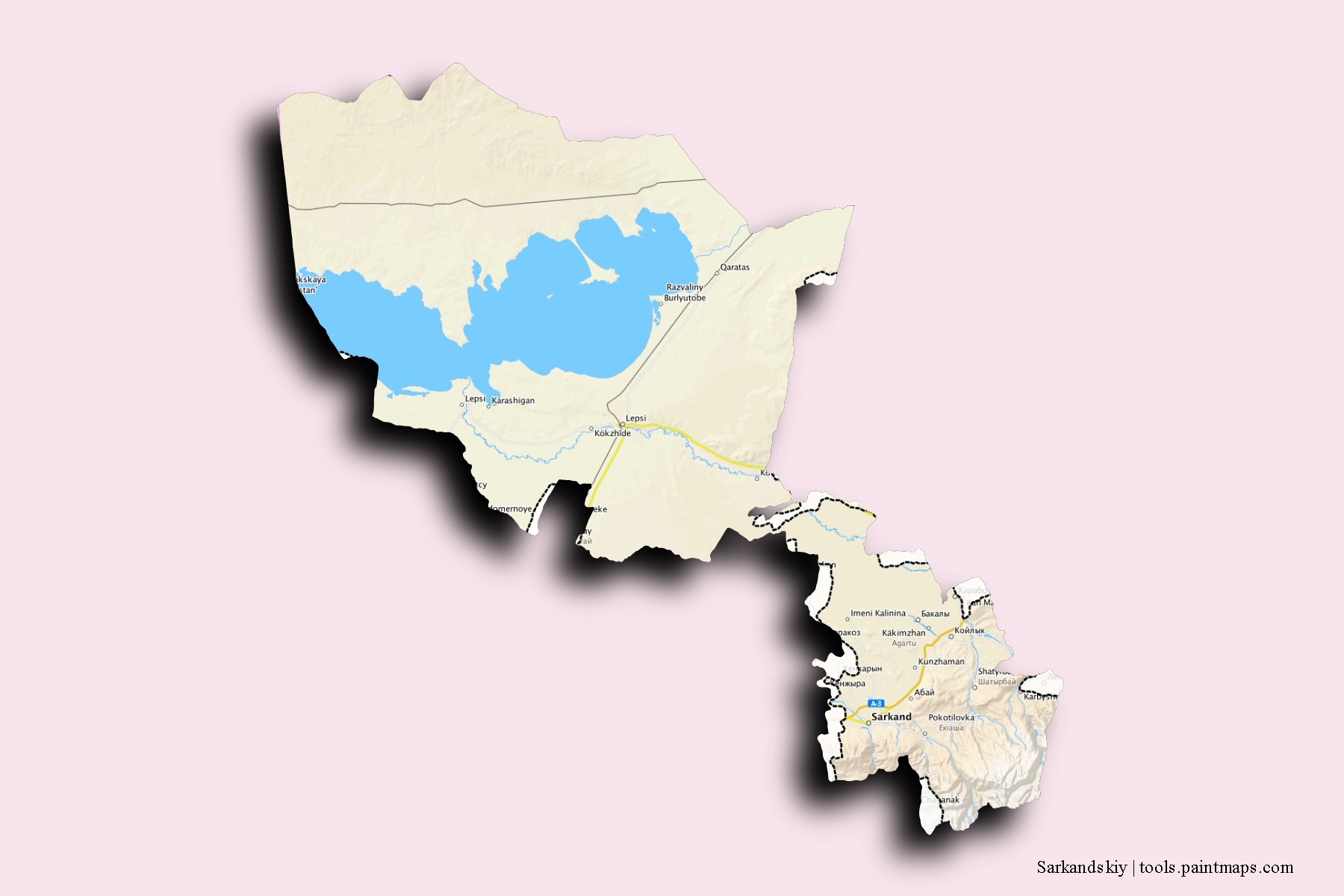 Mapa de barrios y pueblos de Sarkandskiy con efecto de sombra 3D