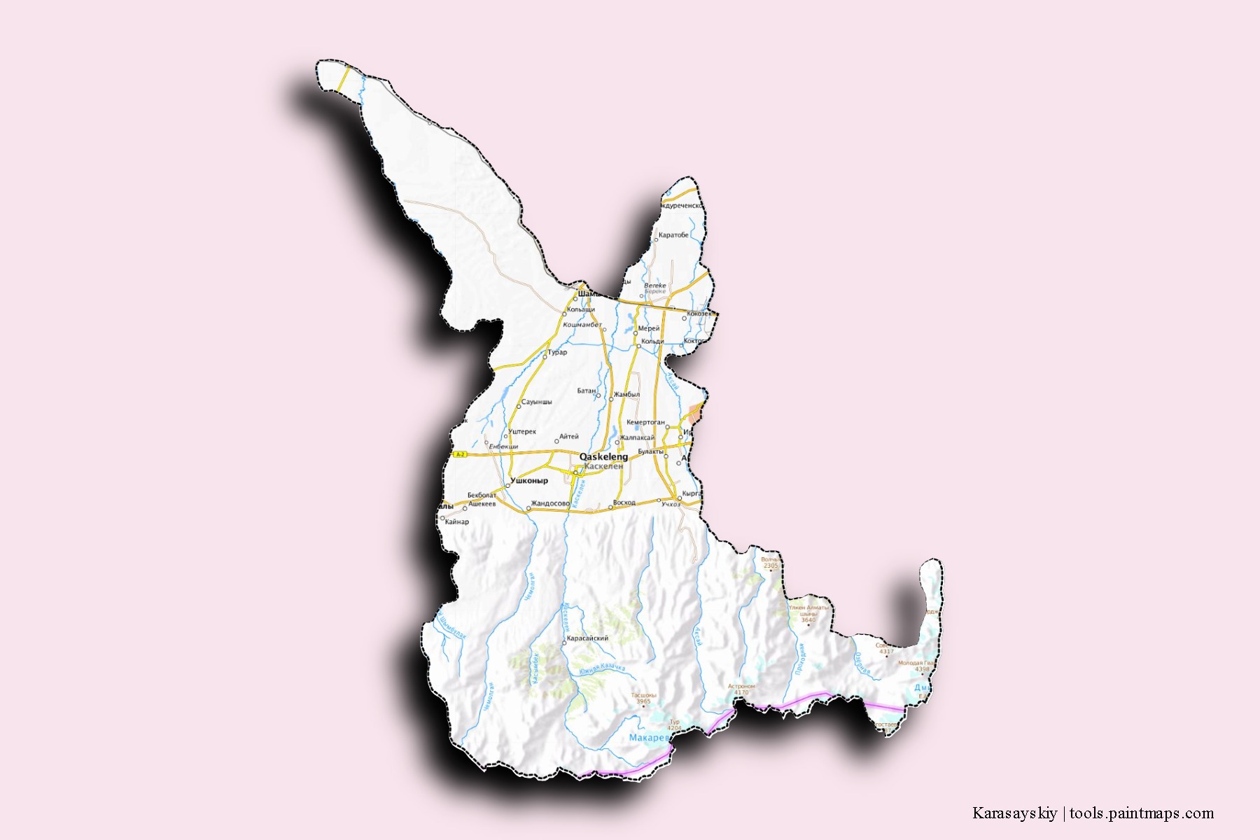 Mapa de barrios y pueblos de Karasayskiy con efecto de sombra 3D