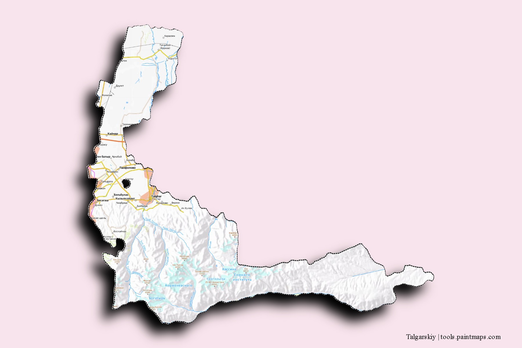 Mapa de barrios y pueblos de Talgarskiy con efecto de sombra 3D