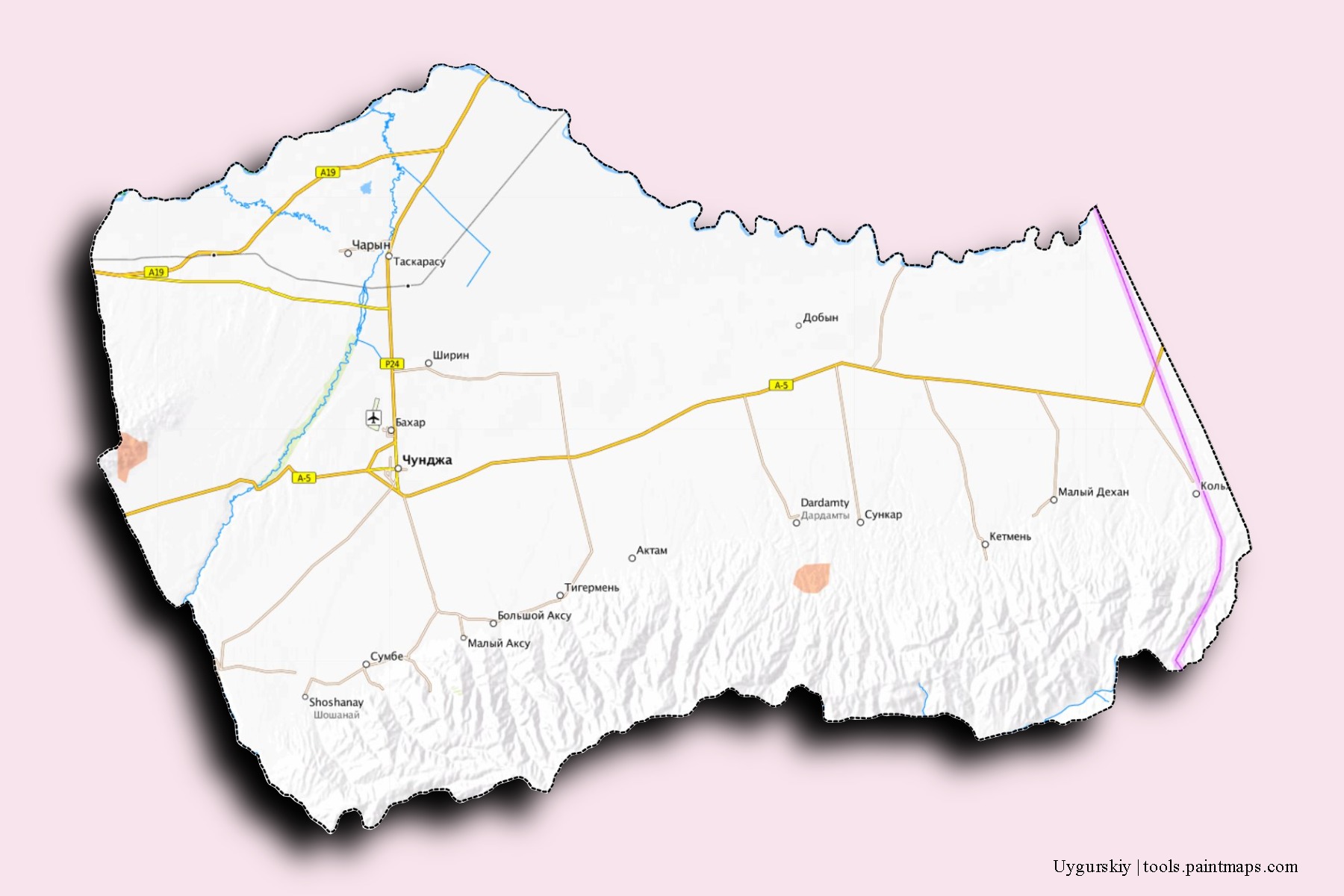 Mapa de barrios y pueblos de Uygurskiy con efecto de sombra 3D