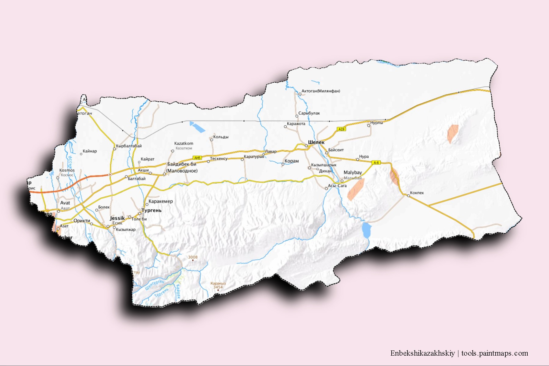 Mapa de barrios y pueblos de Enbekshikazakhskiy con efecto de sombra 3D