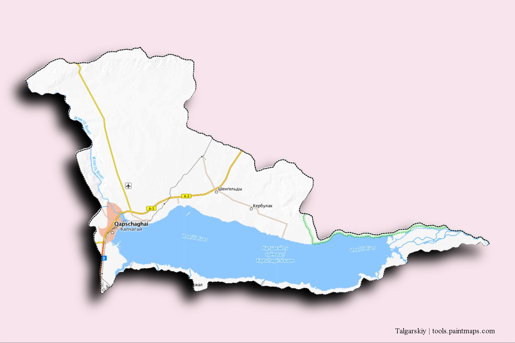 Mapa de barrios y pueblos de Talgarskiy con efecto de sombra 3D