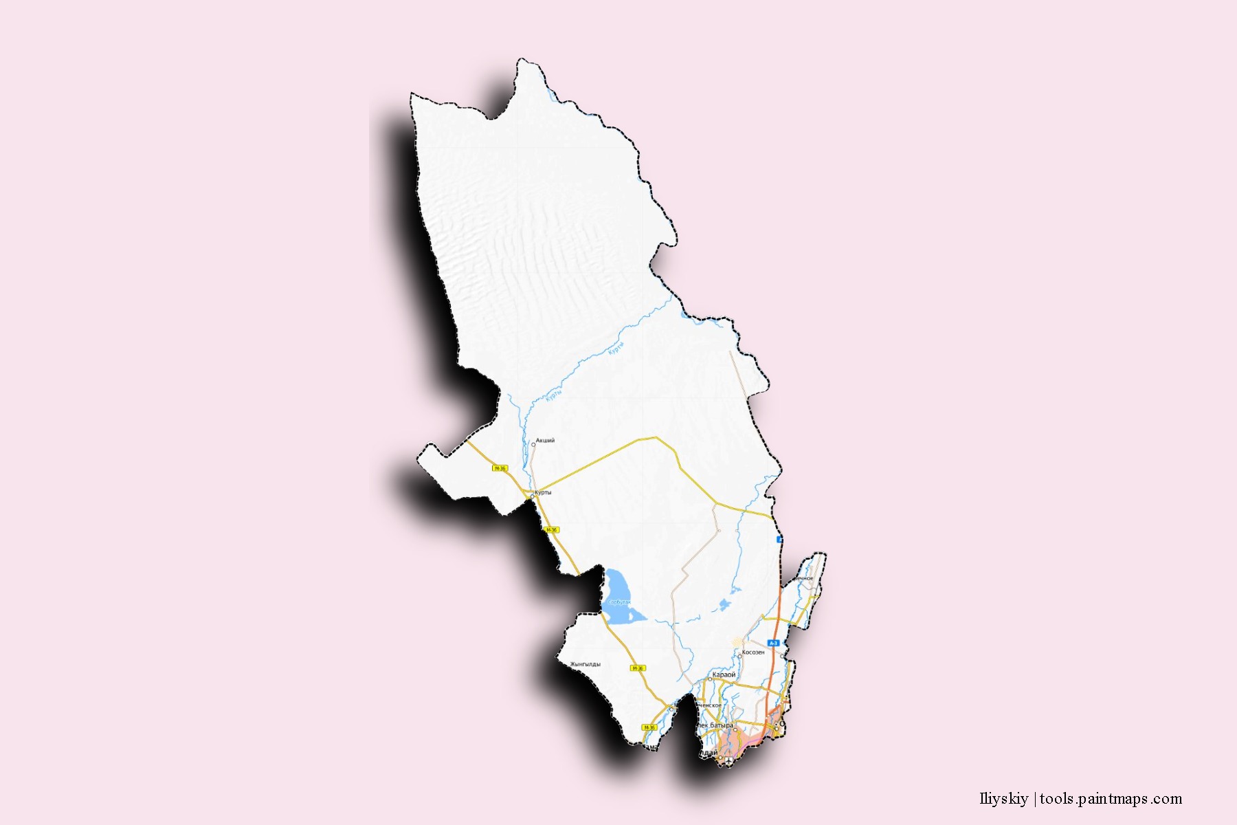 Mapa de barrios y pueblos de Iliyskiy con efecto de sombra 3D