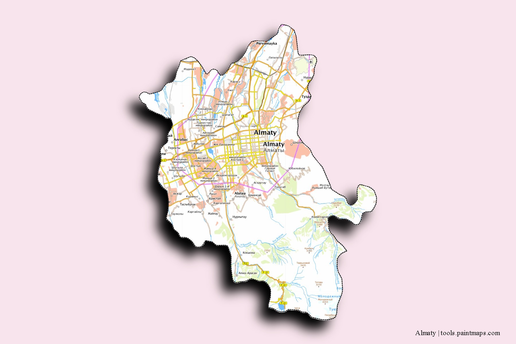 Mapa de barrios y pueblos de Almaty con efecto de sombra 3D