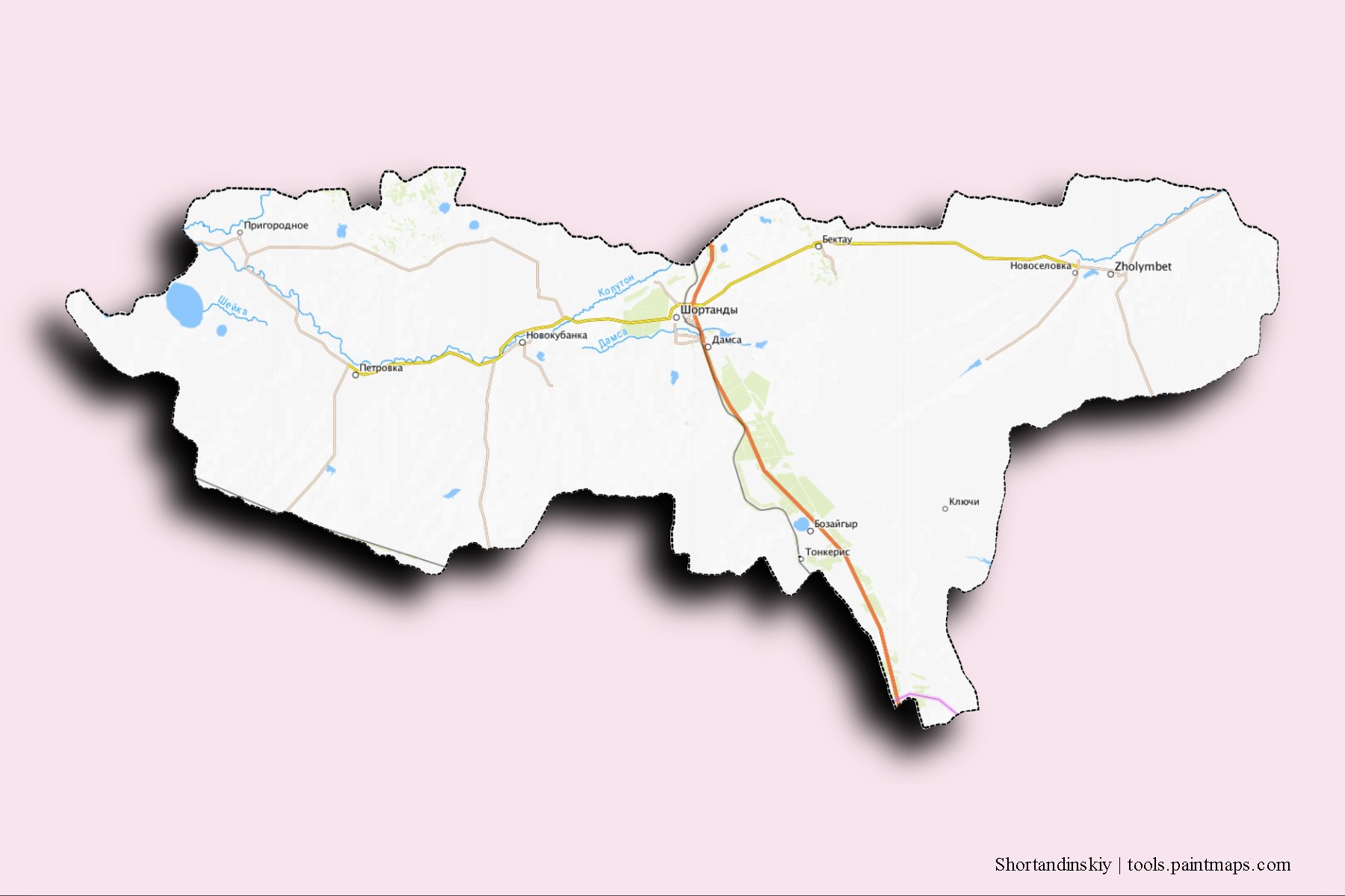 Mapa de barrios y pueblos de Shortandinskiy con efecto de sombra 3D