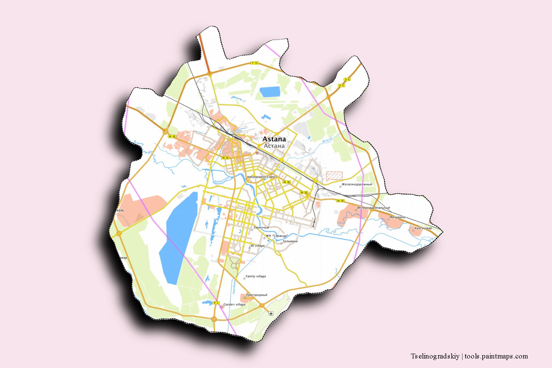 Mapa de barrios y pueblos de Tselinogradskiy con efecto de sombra 3D