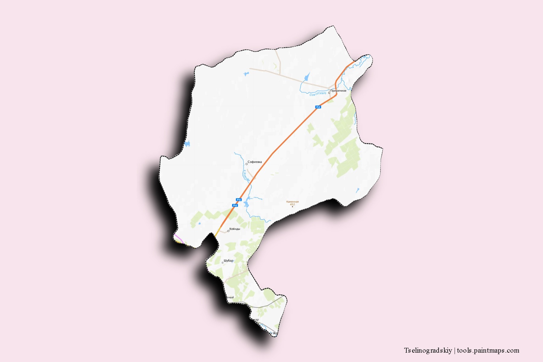 Mapa de barrios y pueblos de Tselinogradskiy con efecto de sombra 3D