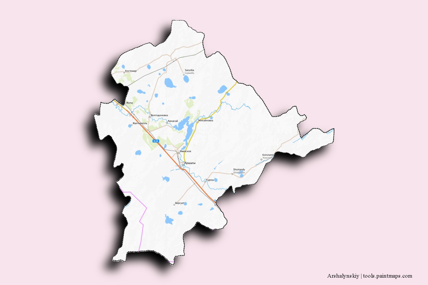 Mapa de barrios y pueblos de Arshalynskiy con efecto de sombra 3D