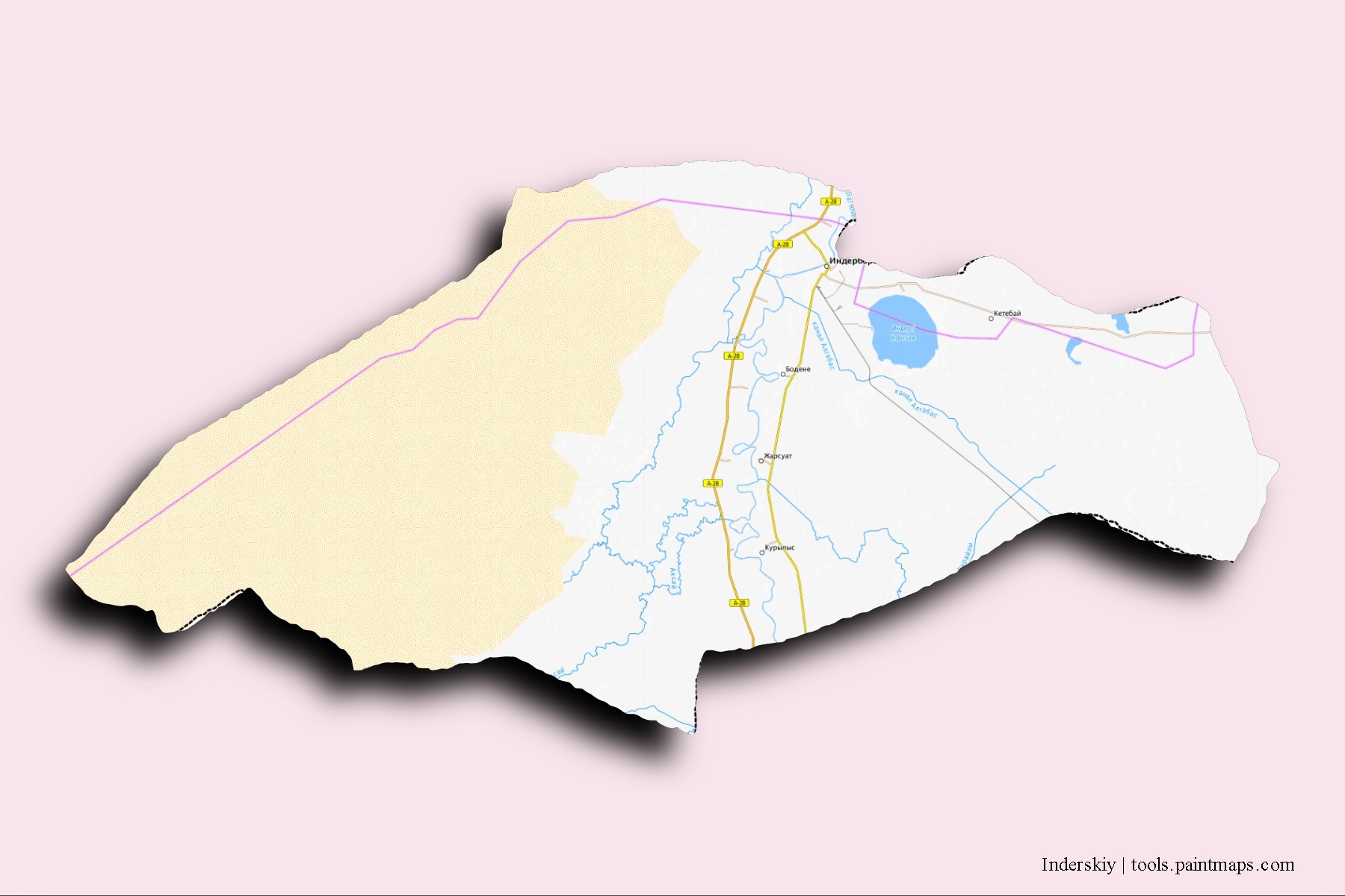 Mapa de barrios y pueblos de Inderskiy con efecto de sombra 3D