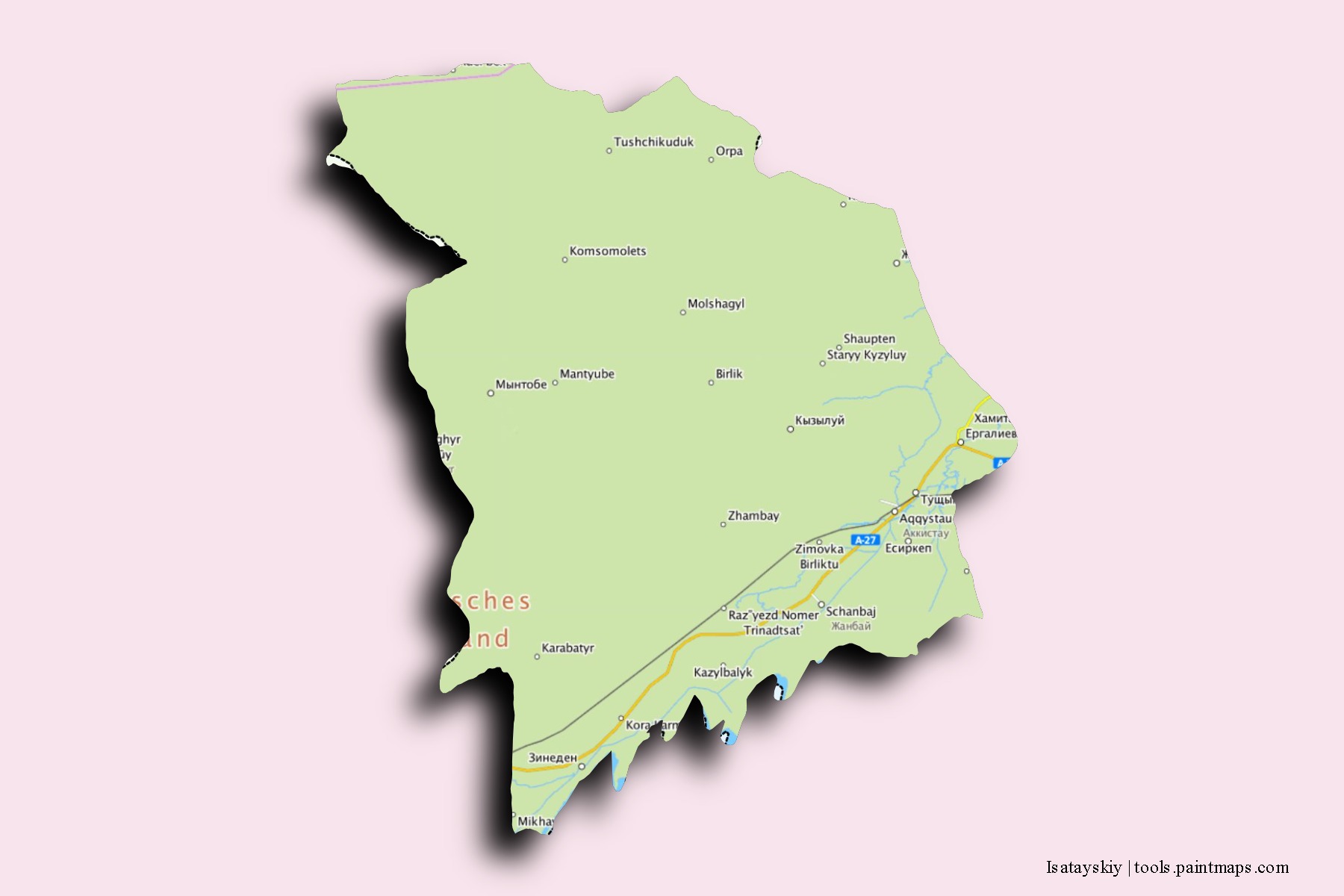 Mapa de barrios y pueblos de Isatayskiy con efecto de sombra 3D