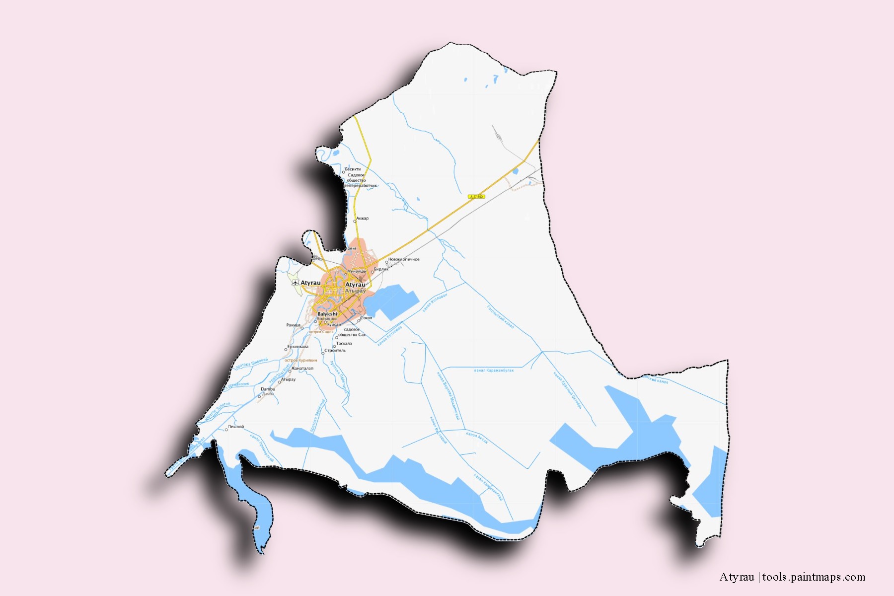 Mapa de barrios y pueblos de Atyrau con efecto de sombra 3D