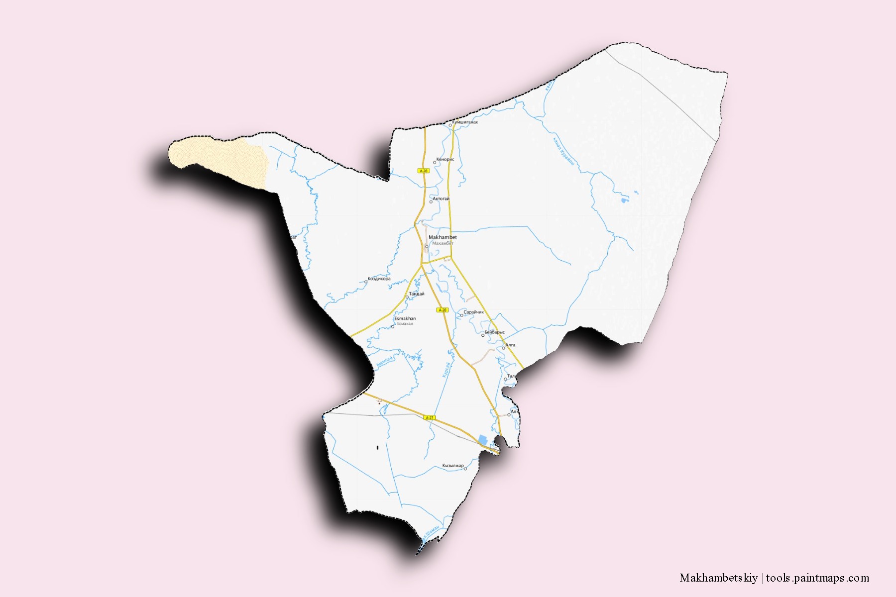 Mapa de barrios y pueblos de Makhambetskiy con efecto de sombra 3D