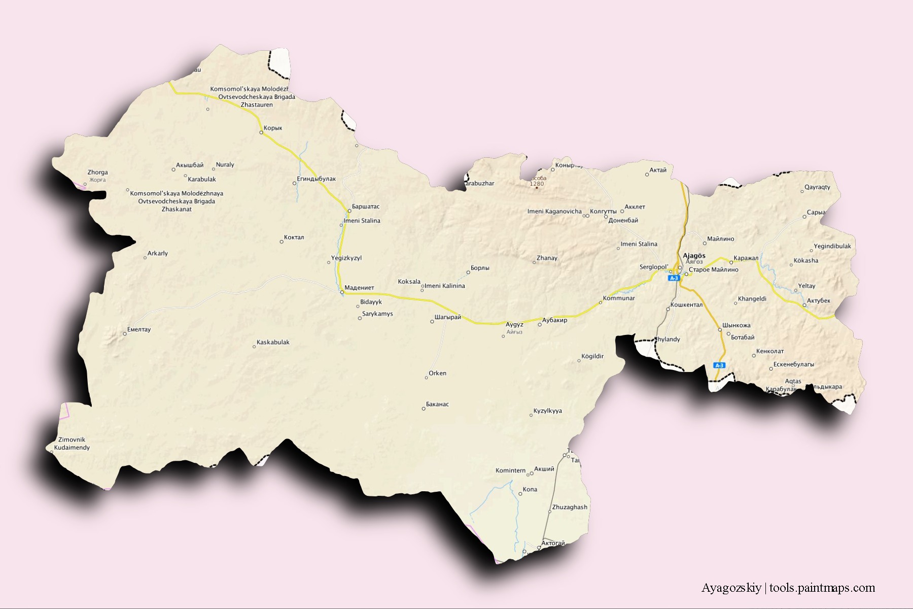 Mapa de barrios y pueblos de Ayagozskiy con efecto de sombra 3D