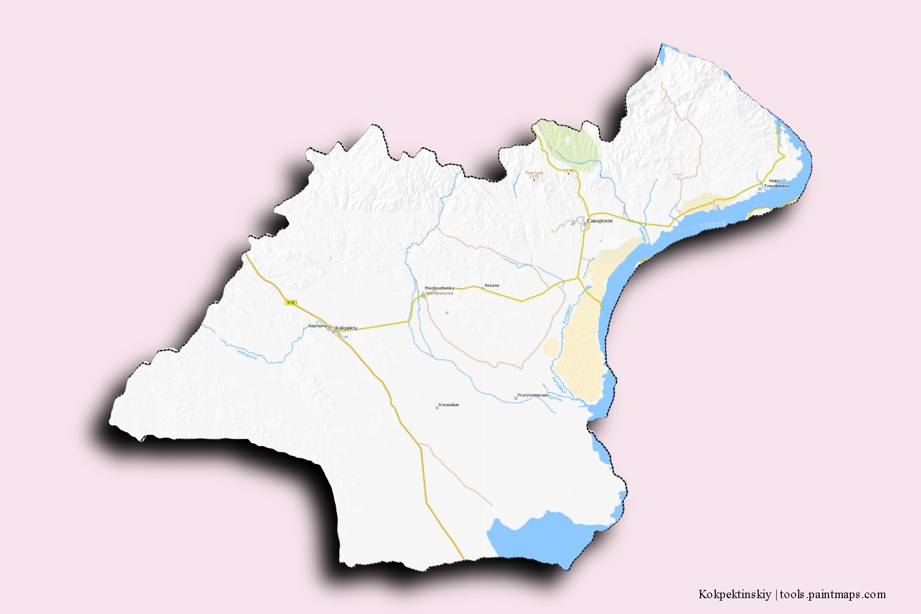 Mapa de barrios y pueblos de Kokpektinskiy con efecto de sombra 3D