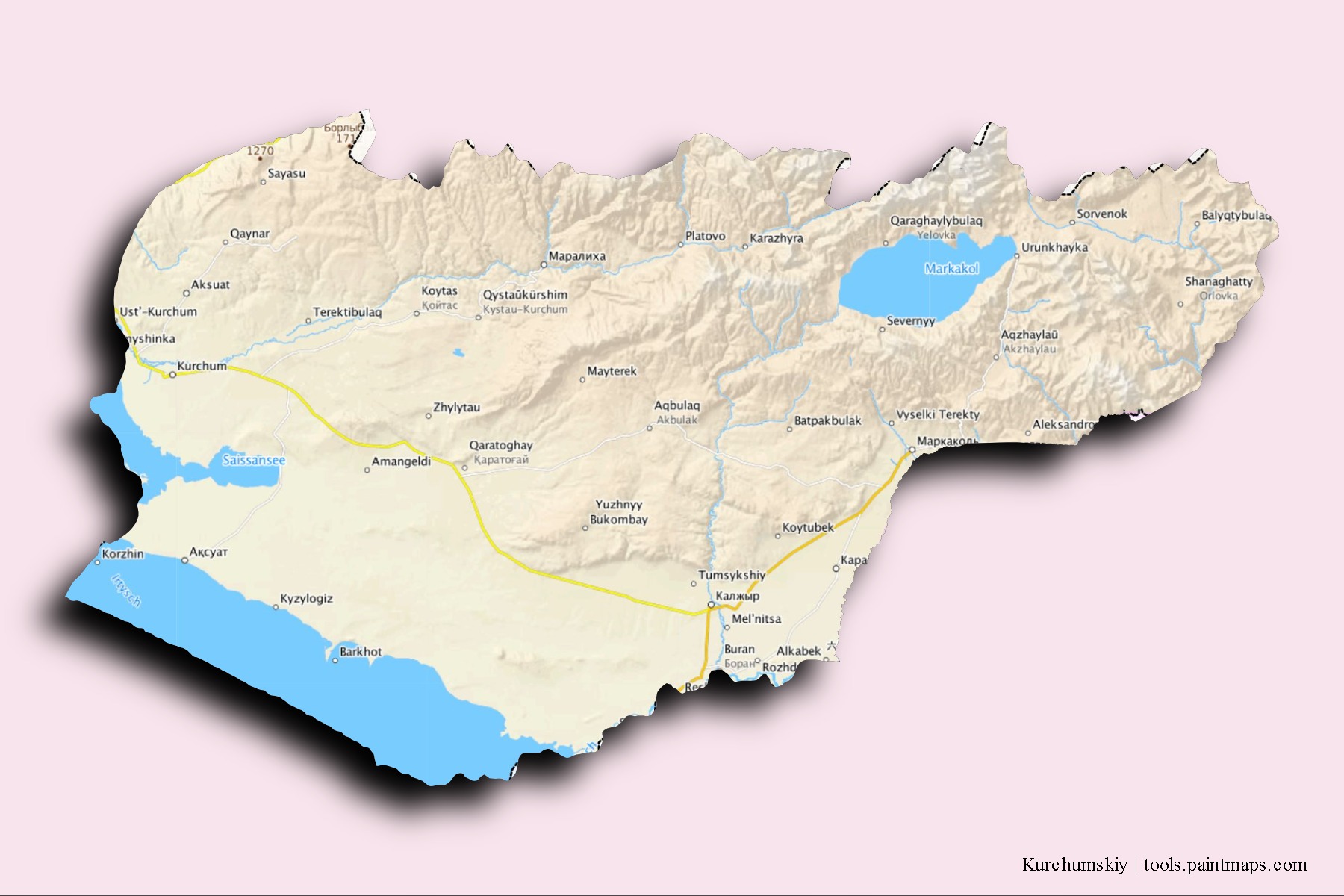 Mapa de barrios y pueblos de Kurchumskiy con efecto de sombra 3D