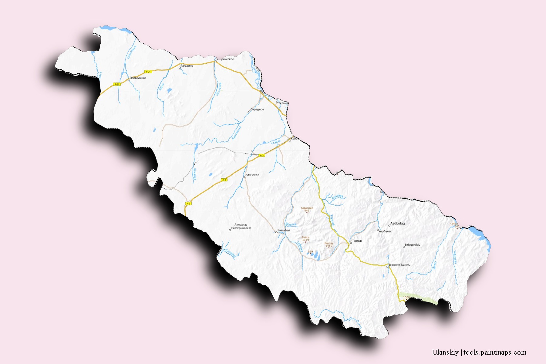 Mapa de barrios y pueblos de Ulanskiy con efecto de sombra 3D