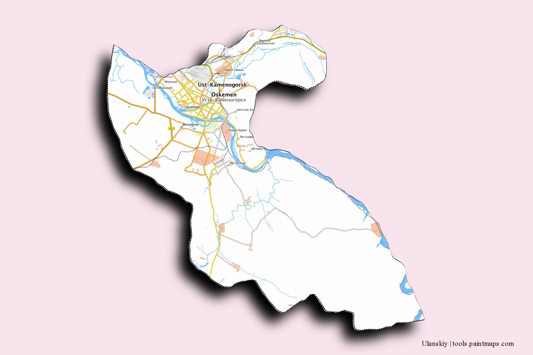 Mapa de barrios y pueblos de Ulanskiy con efecto de sombra 3D