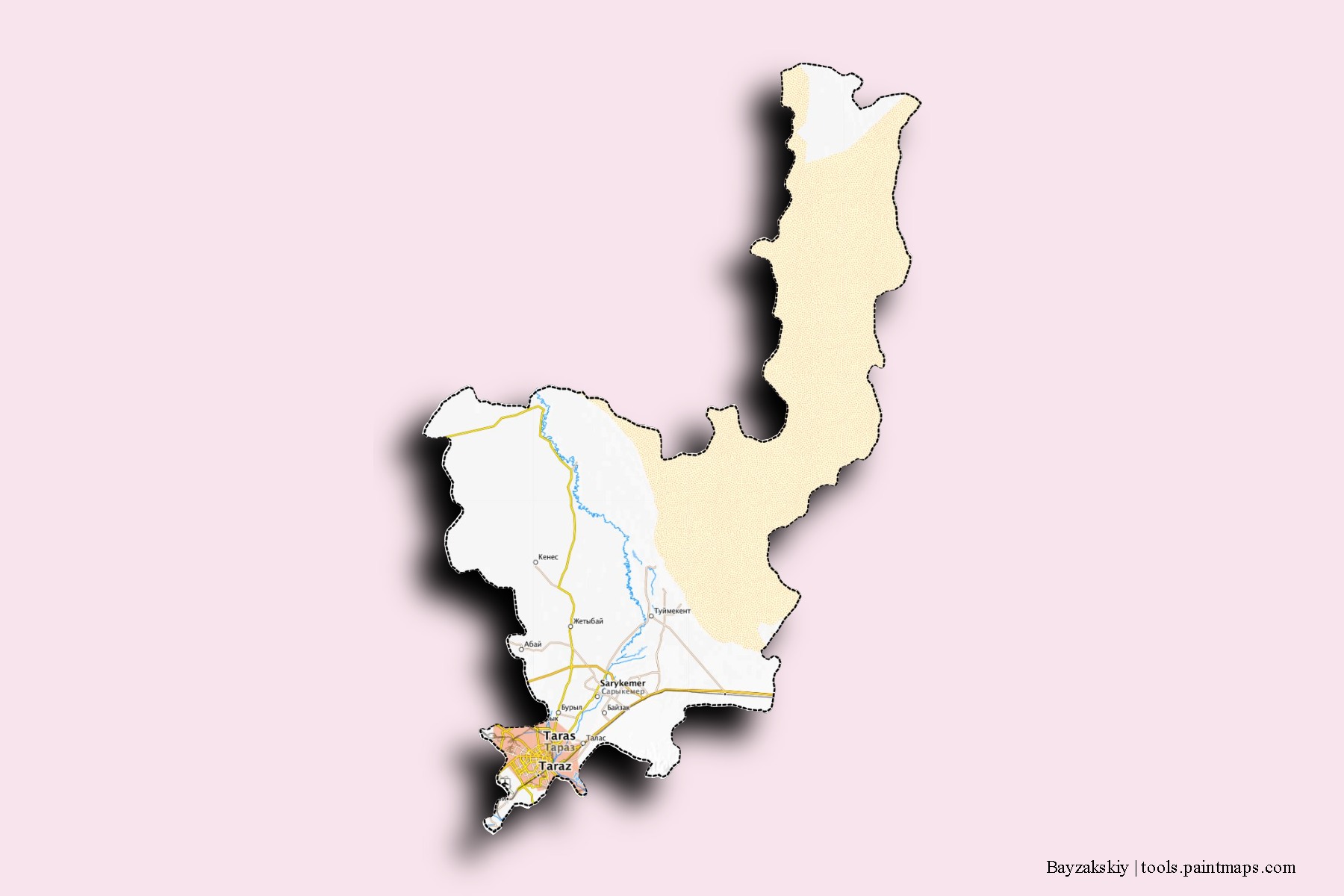 Mapa de barrios y pueblos de Bayzakskiy con efecto de sombra 3D