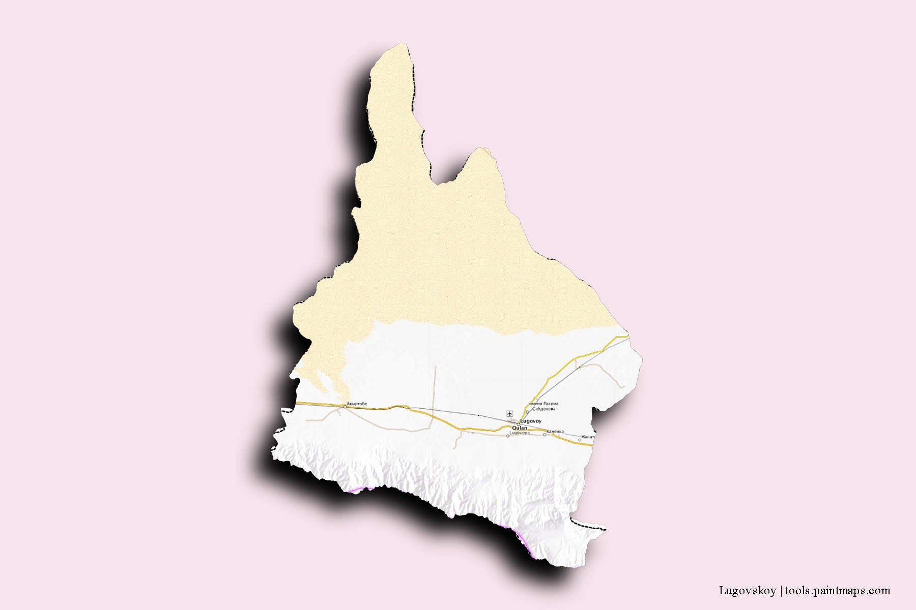 Mapa de barrios y pueblos de Lugovskoy con efecto de sombra 3D