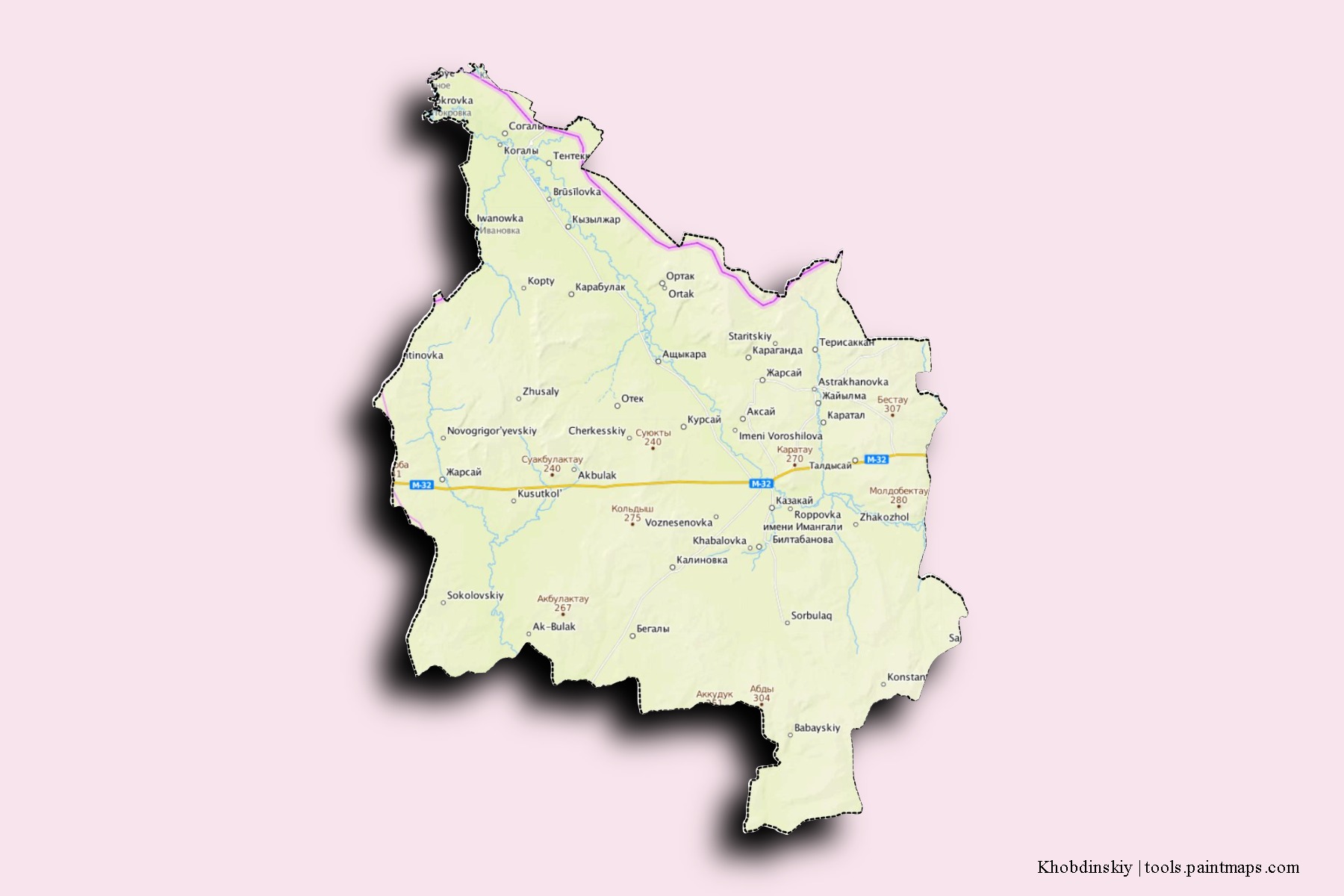 Mapa de barrios y pueblos de Khobdinskiy con efecto de sombra 3D