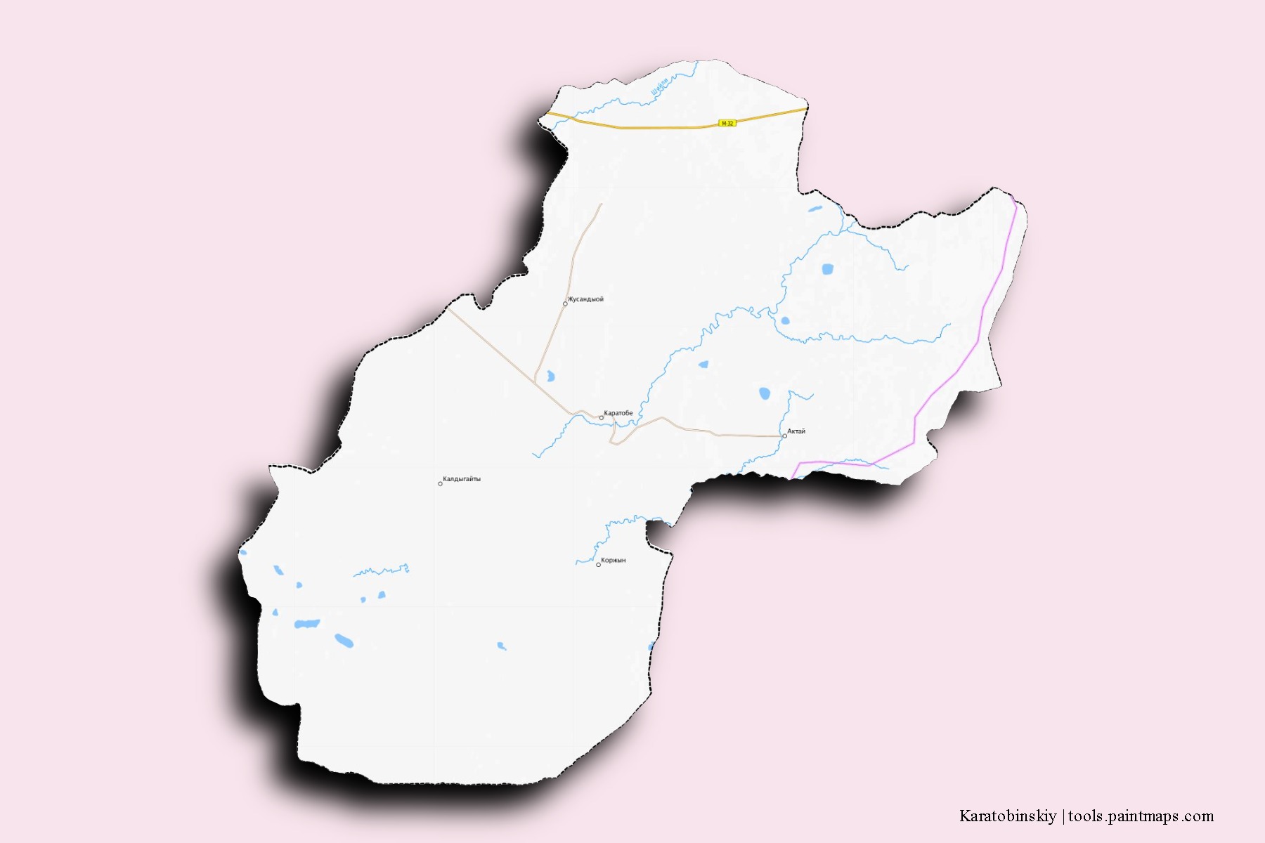 Mapa de barrios y pueblos de Karatobinskiy con efecto de sombra 3D