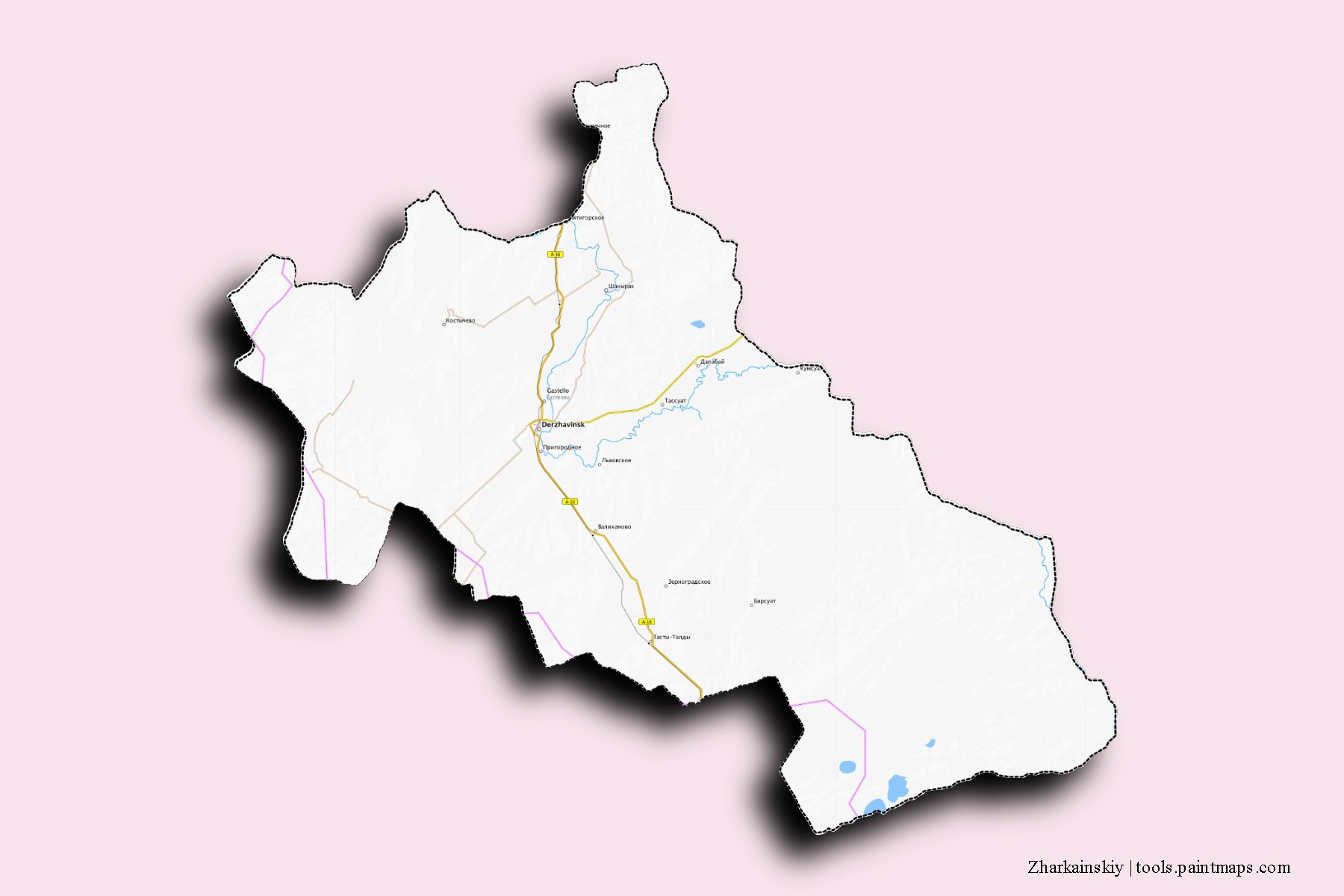 Mapa de barrios y pueblos de Zharkainskiy con efecto de sombra 3D