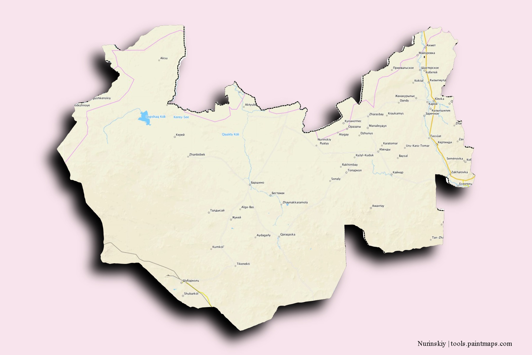 Nurinskiy neighborhoods and villages map with 3D shadow effect