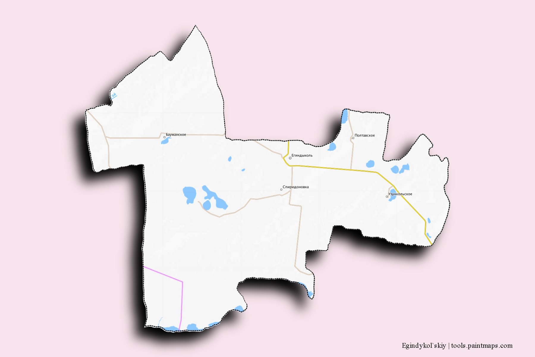 Mapa de barrios y pueblos de Egindykol`skiy con efecto de sombra 3D