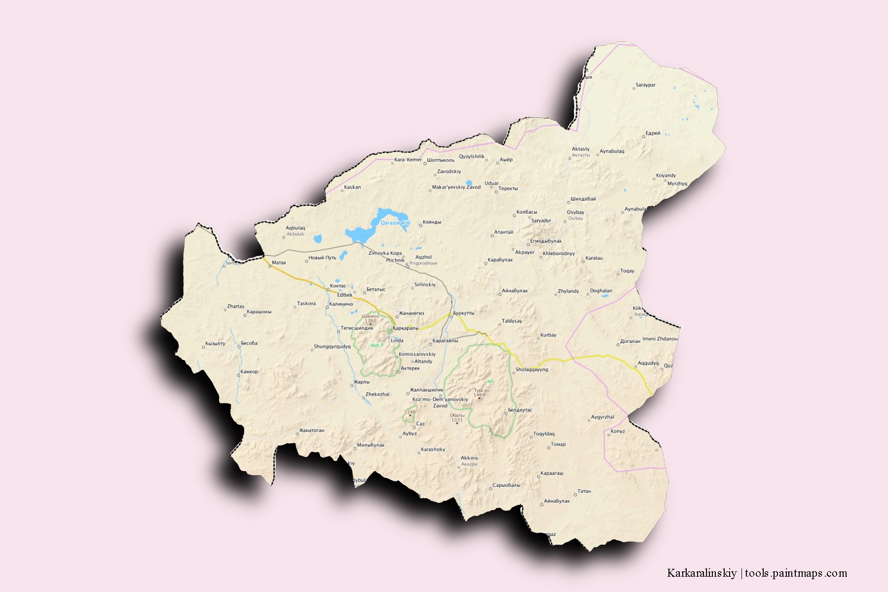 Mapa de barrios y pueblos de Karkaralinskiy con efecto de sombra 3D