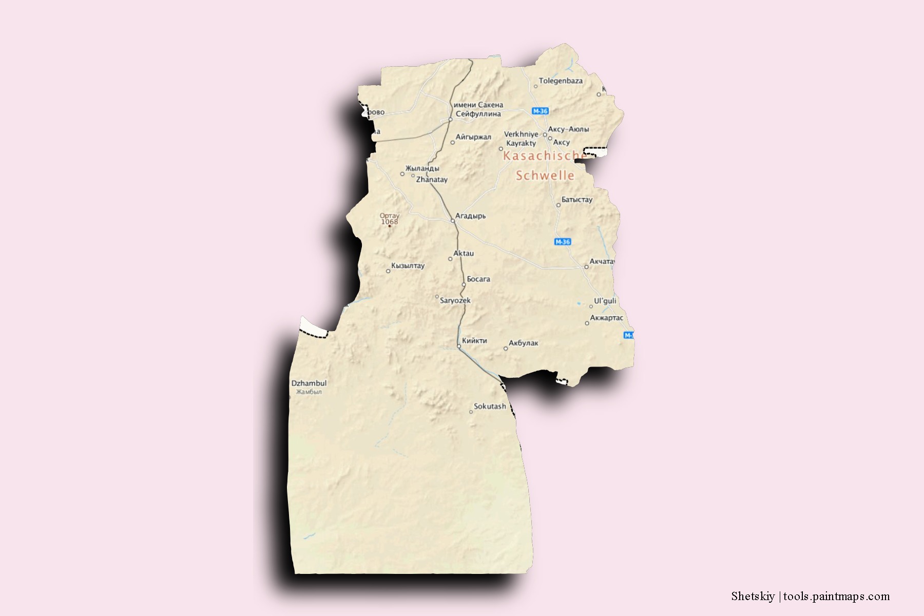 Mapa de barrios y pueblos de Shetskiy con efecto de sombra 3D