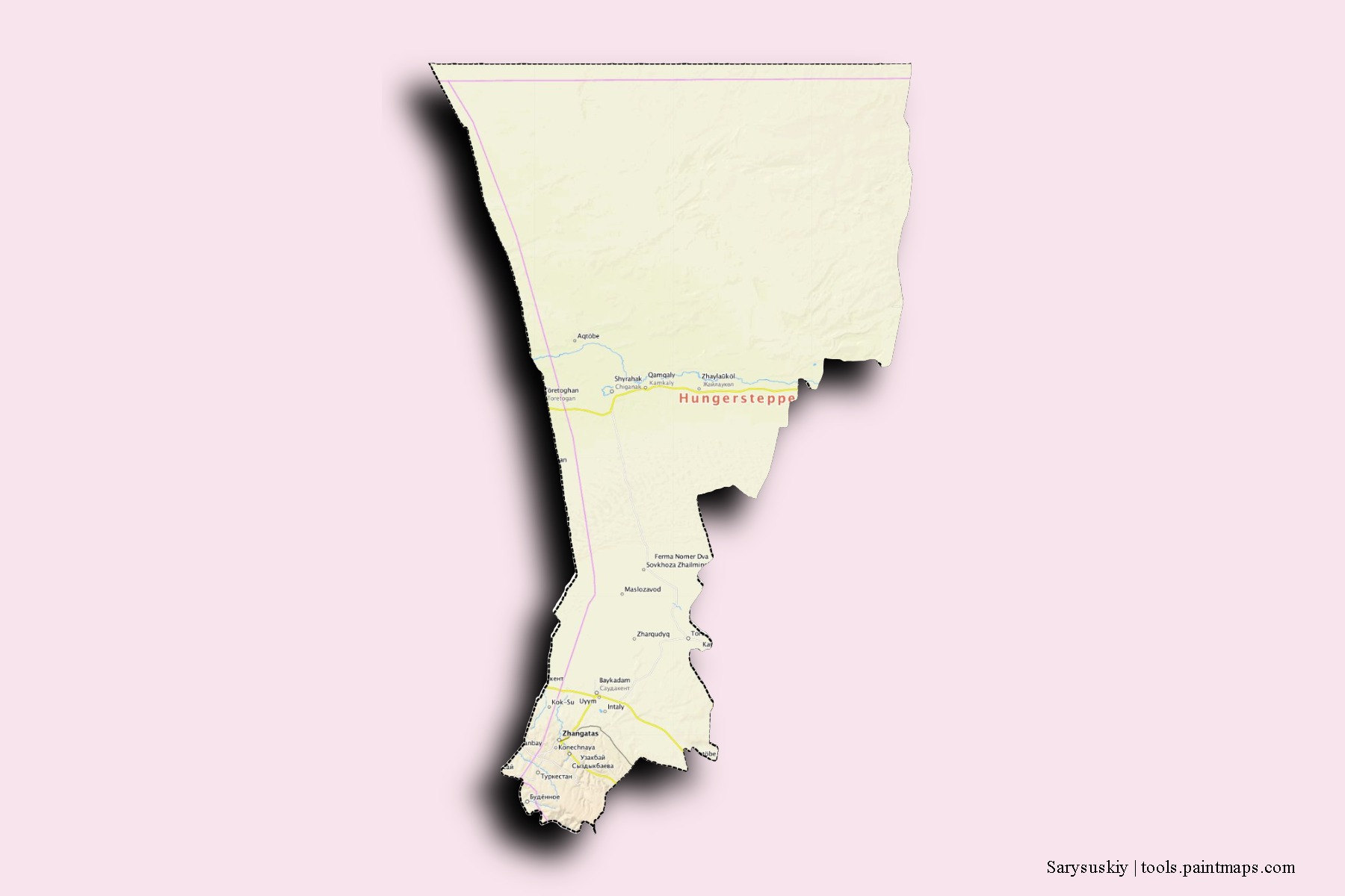 Mapa de barrios y pueblos de Sarysuskiy con efecto de sombra 3D