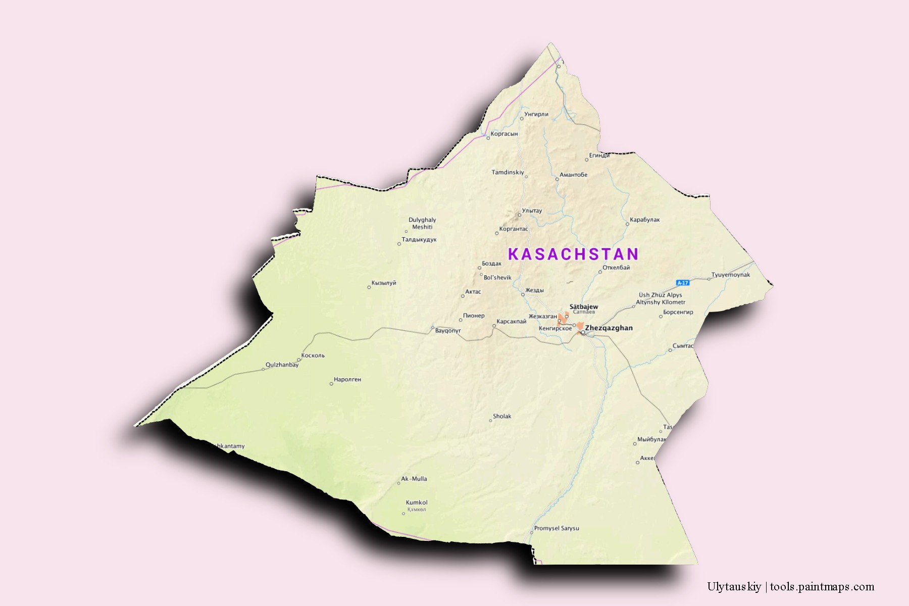 Mapa de barrios y pueblos de Ulytauskiy con efecto de sombra 3D