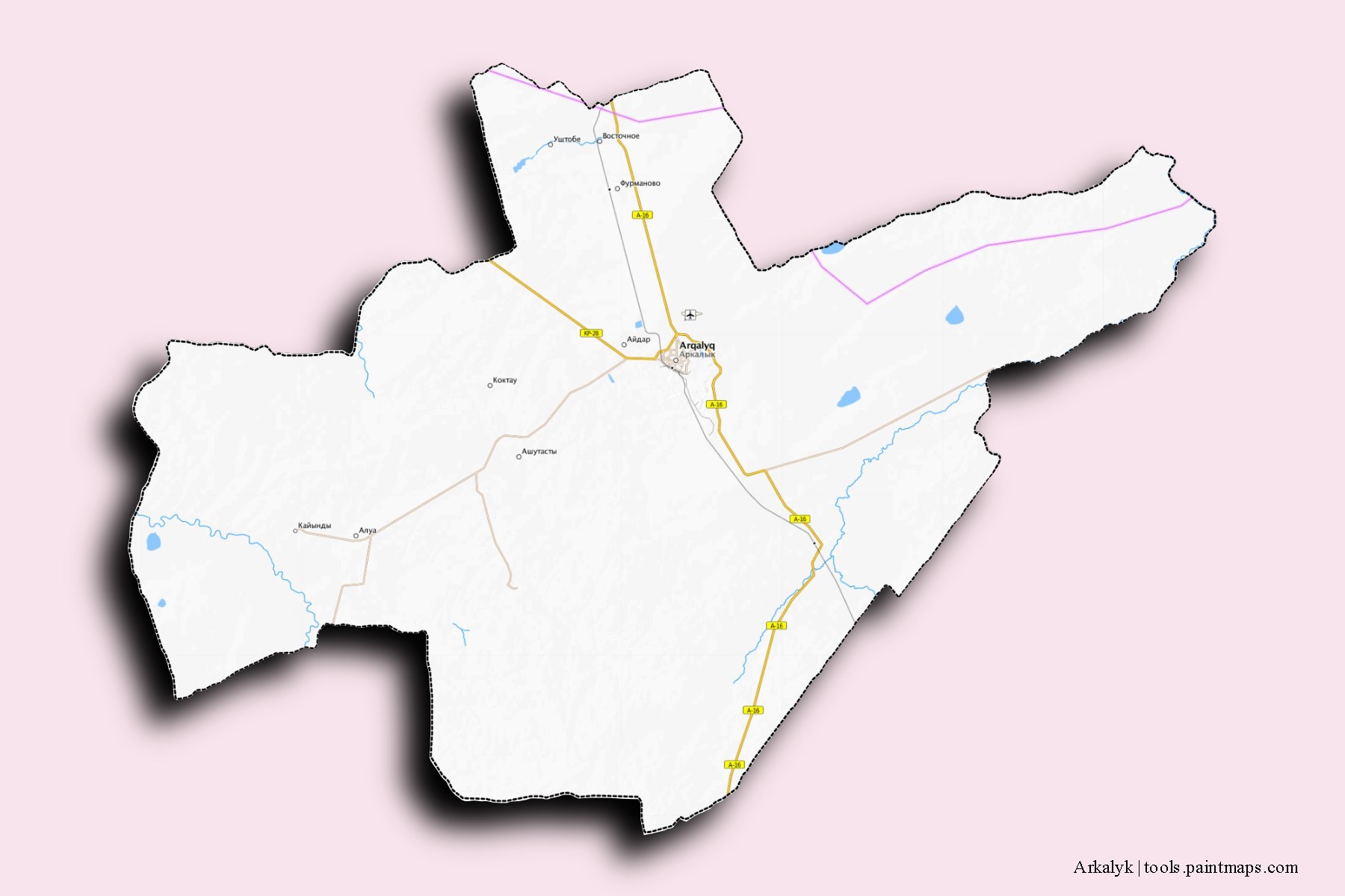 Mapa de barrios y pueblos de Arkalyk con efecto de sombra 3D