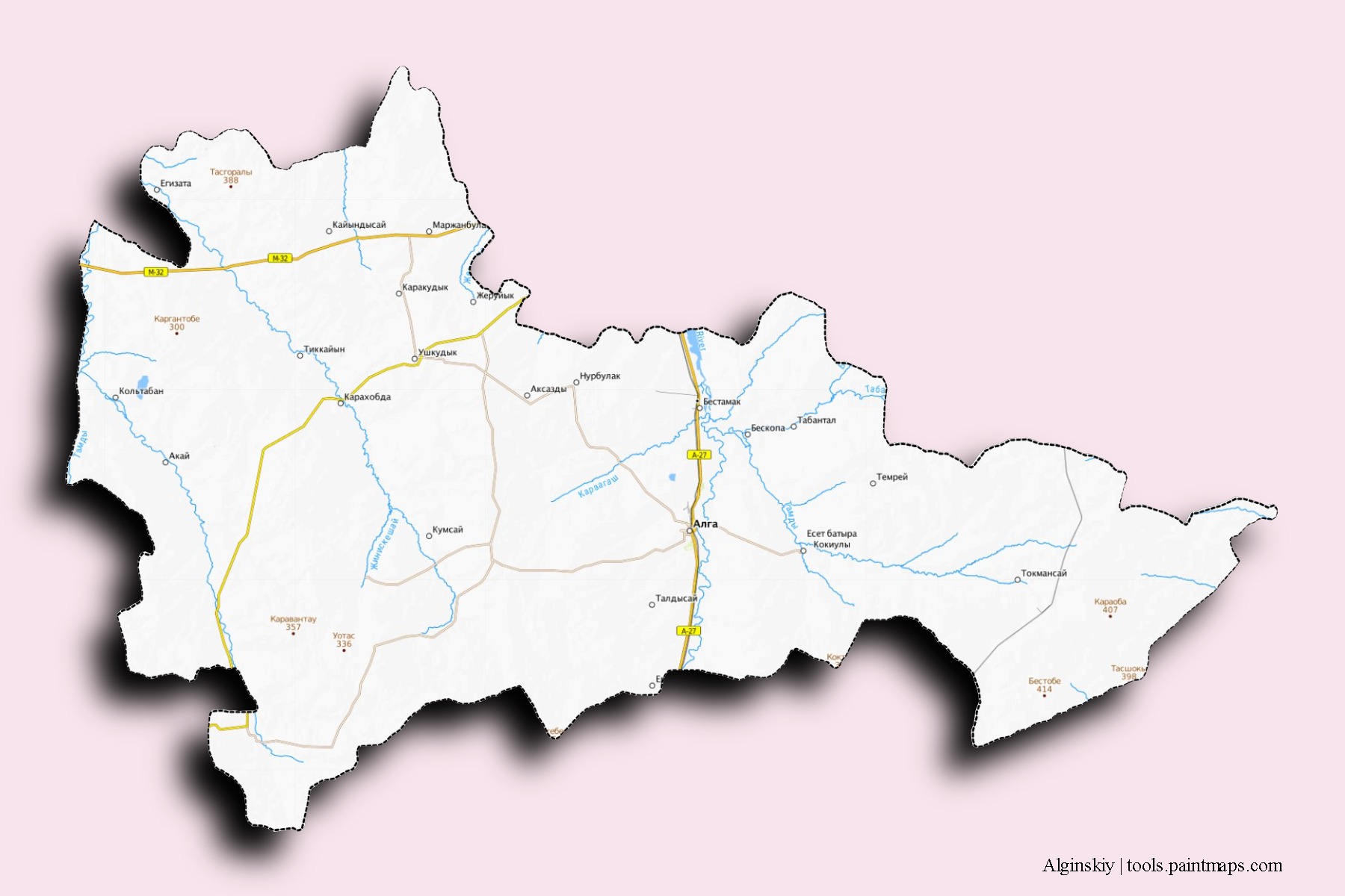 Mapa de barrios y pueblos de Alginskiy con efecto de sombra 3D